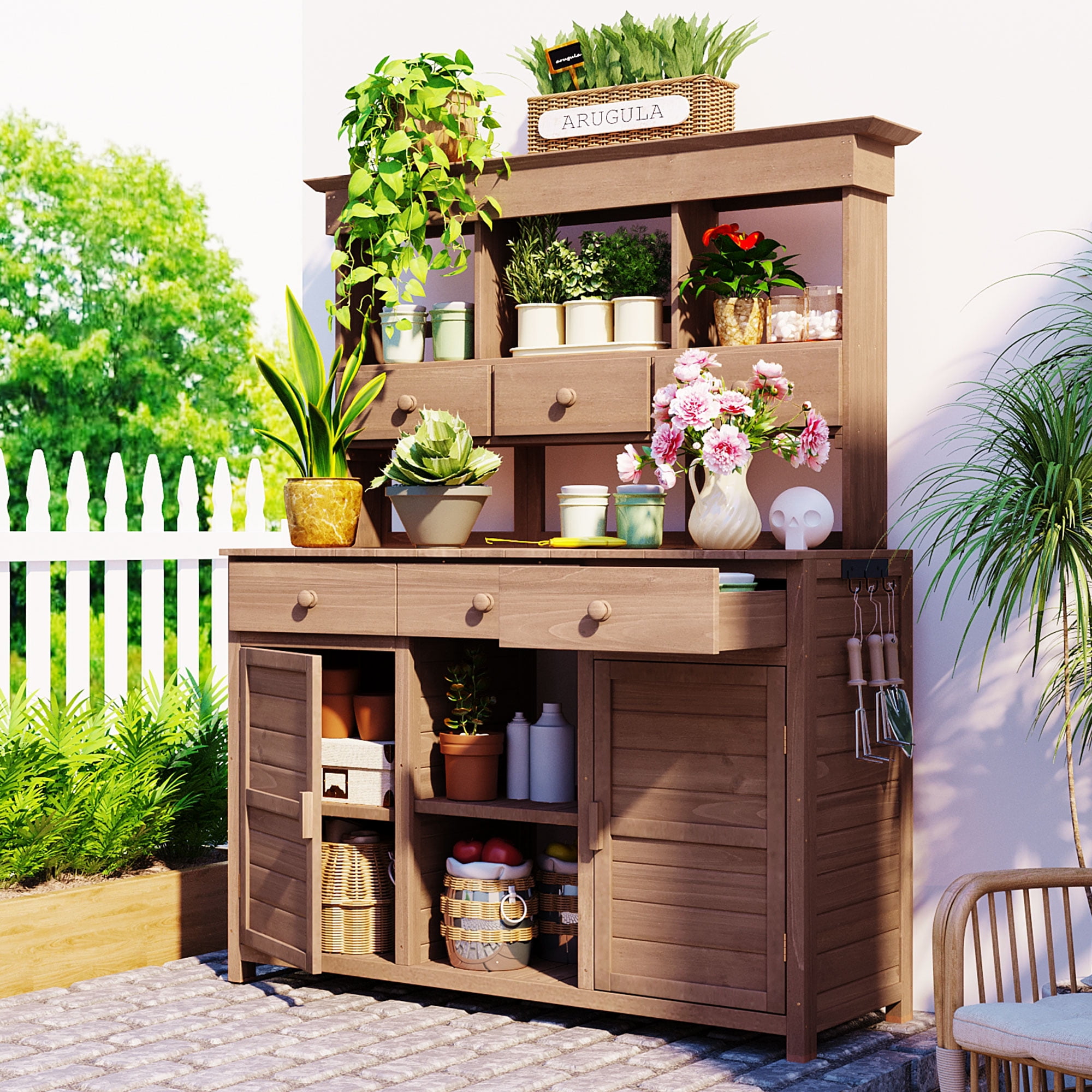 MAYEERTY 65.7" Tall Garden Potting Bench Table with Hutch – Rustic Outdoor Workstation with 3 Shelves, 6 Drawers, 2 Cabinets & Side Hooks