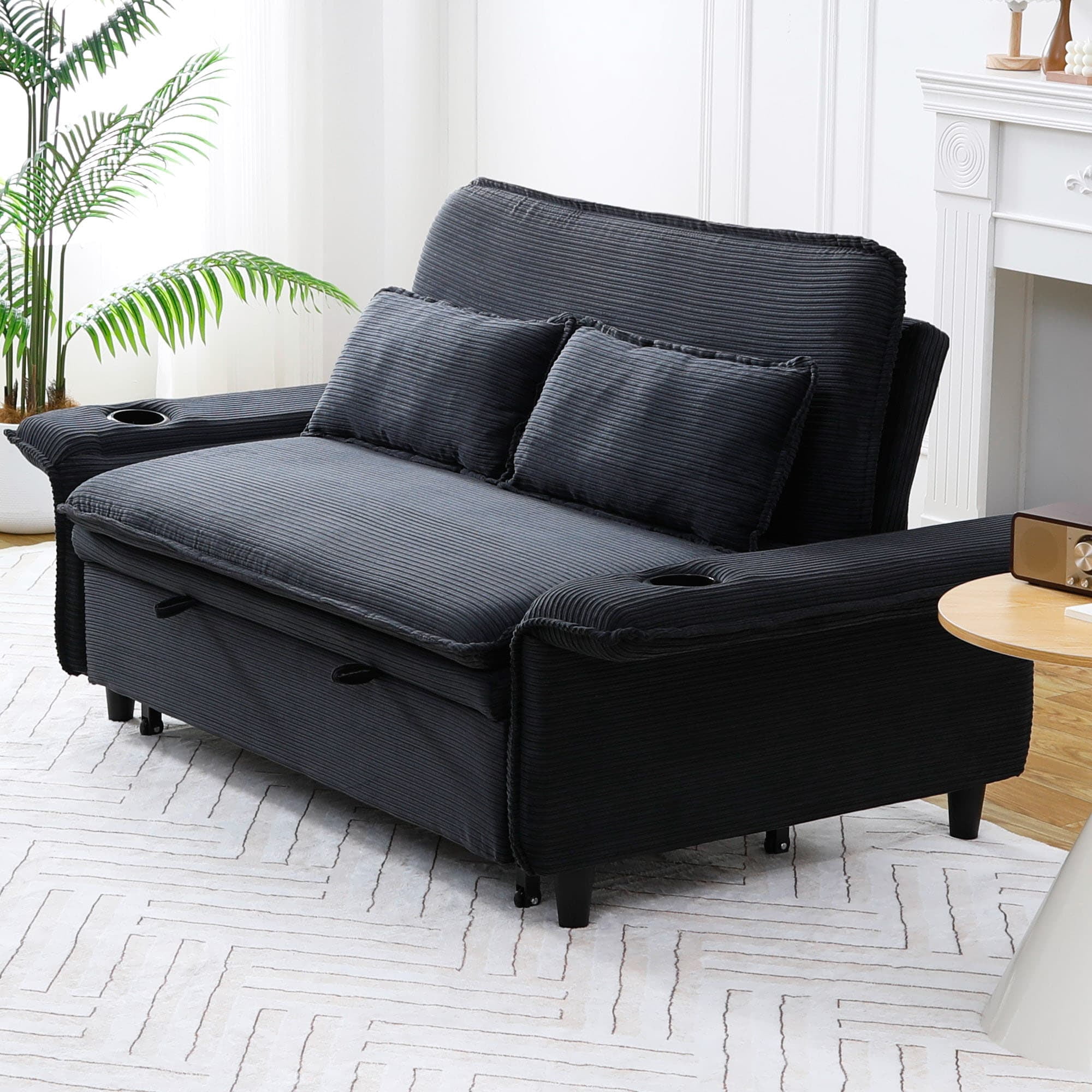 MAYEERTY 65.74" Multi-Functional Sofa Bed, Pull Out Sleeper Sofa with 2 Cups Hold, for Apartment and Small Space, Black