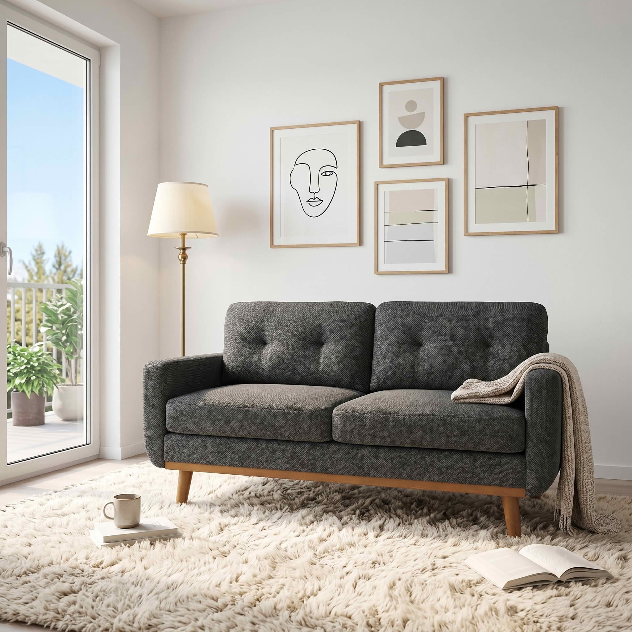 MAYEERTY 65‑Inch Modern Minimalist Two‑Seater Sofa, Nubby Upholstered Loveseat with Sturdy Solid Wood Legs, Mid‑Century Upholstered Couch for Living Room