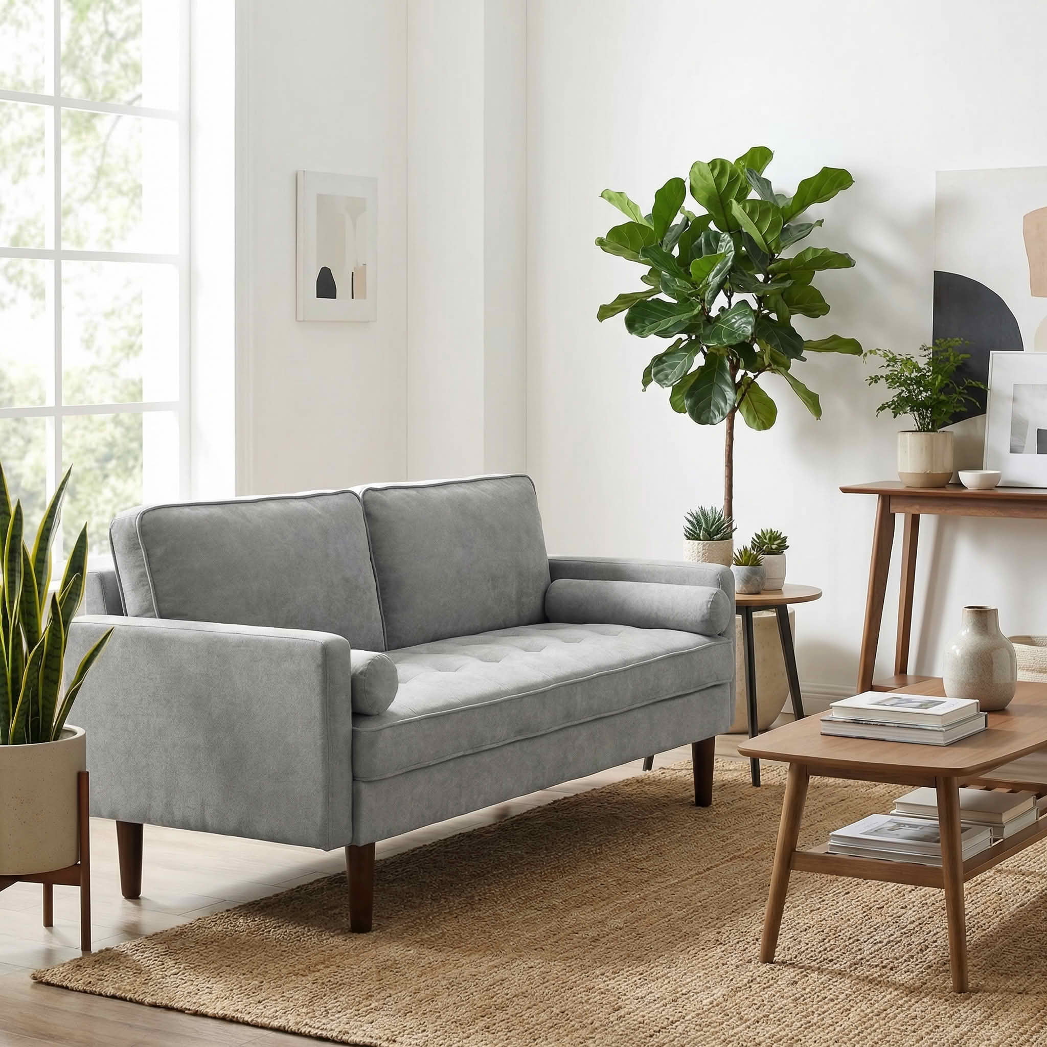 MAYEERTY 65" Modern Loveseat Sofa, 2-Seater Couch with Removable Back Cushion, Solid Wood Frame & 2 Bolster Pillows