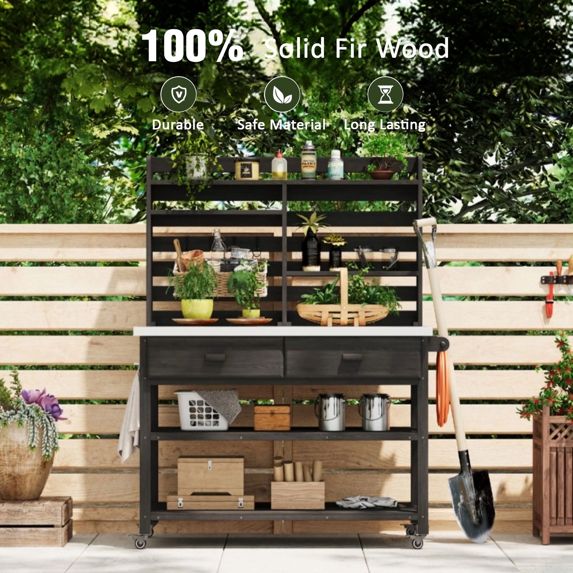 MAYEERTY 65" Tall Outdoor Potting Bench with Lockable Wheels, Wood Outdoor Heavy Duty Workstation for Gardening, Grilling, Patio