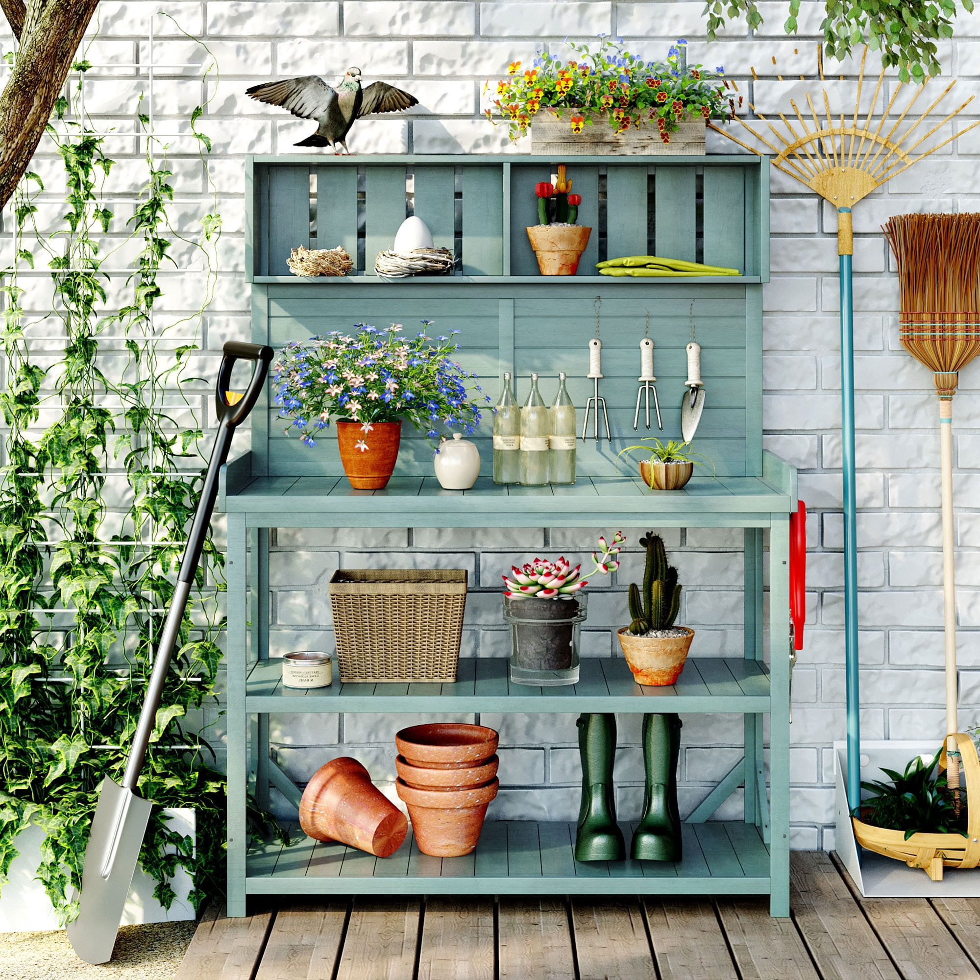 MAYEERTY 65" Tall Outdoor Wood Potting Bench, Green Rustic Garden Workstation with 4-Tier Storage Shelves, Side Hooks for Patio, Backyard, Farmhouse Style