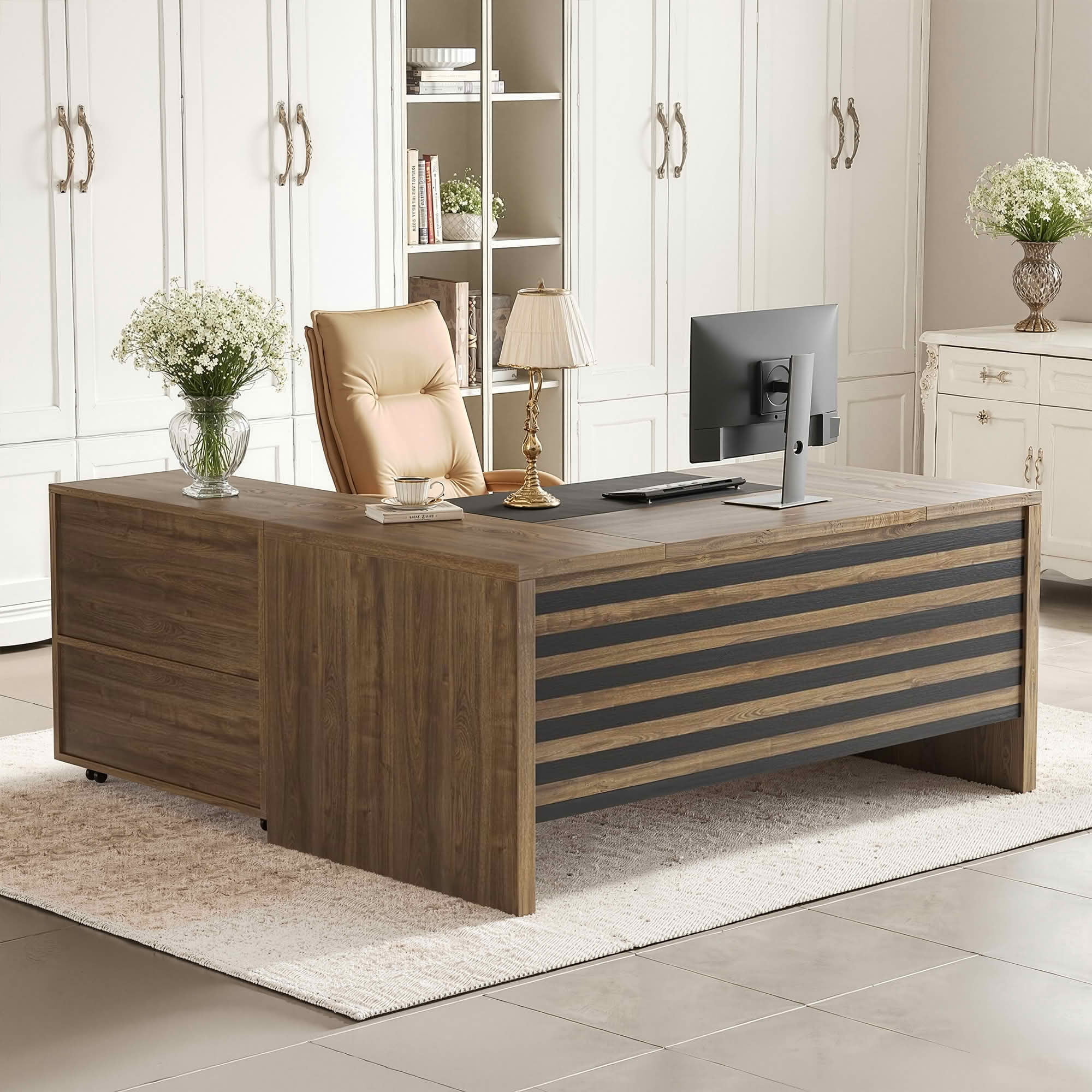 MAYEERTY 66.2" L-Shaped Executive Computer Desk with Rolling Mobile File Cabinet, Water & Scratch Resistant Thick MDF Workstation, 450 LBS Weight Capacity with Lockable Casters for Home Office