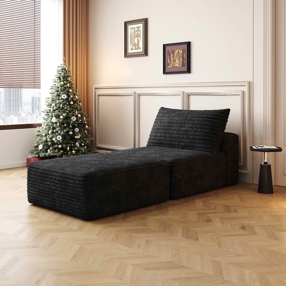 MAYEERTY 66.9" Convertible Sofa Bed, Sleeper Chair with Pillow & Back Support, Plush Corduroy Fabric, Single Floor Lounge, Black