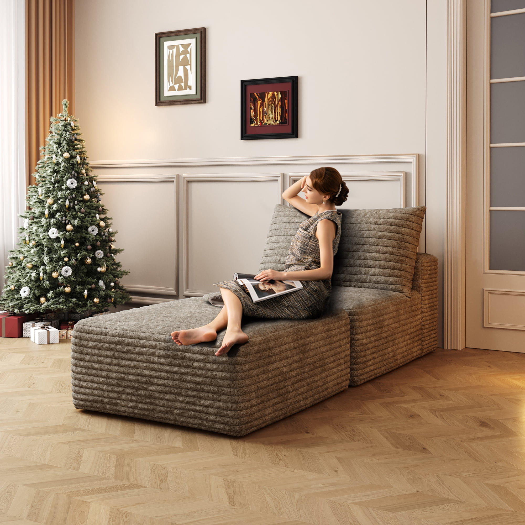 MAYEERTY 66.9" Sofa Bed Camel Plush Corduroy Convertible Sleeper Chair with Pillow Back Support Living Room/Bedroom