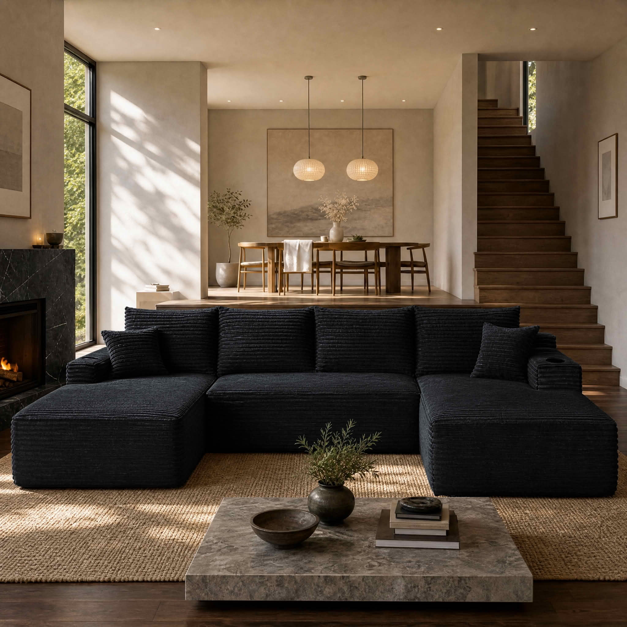 MAYEERTY 134 Inch Black Cloud Sectional Sofa, U-Shaped Modular Plush Corduroy Couch with Cup Holder & Side Pockets, 5-Seater Deep Seating Sofa No Assembly Required for Living Room Bedroom