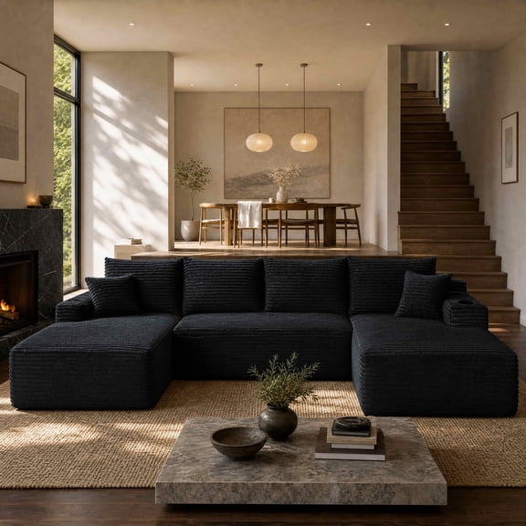 MAYEERTY 134 Inch Black Cloud Sectional Sofa, U-Shaped Modular Plush Corduroy Couch with Cup Holder & Side Pockets, 5-Seater Deep Seating Sofa No Assembly Required for Living Room Bedroom