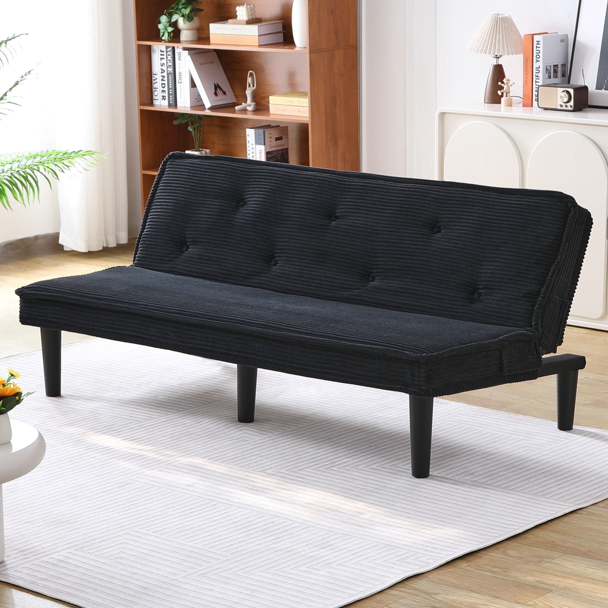 MAYEERTY 66" Corduroy Sofa Bed Modern Sleeper Couches Sofas Loveseats for Living Room, Apartment and Bedroom, Black