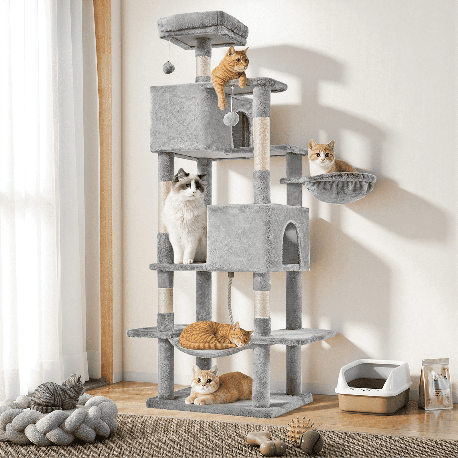 MAYEERTY 66-inch Cat Tree Tower Multi-Cat Climbing Extended Platform Hammock Pet House