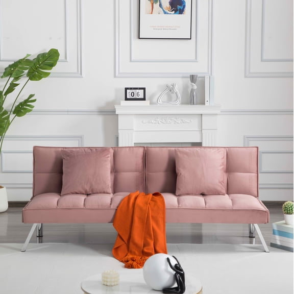 MAYEERTY 67.7" Futon Sofa Bed - 5-Position Adjustable Backrest, Velvet Upholstery, Tufted Design, 2 Pillows