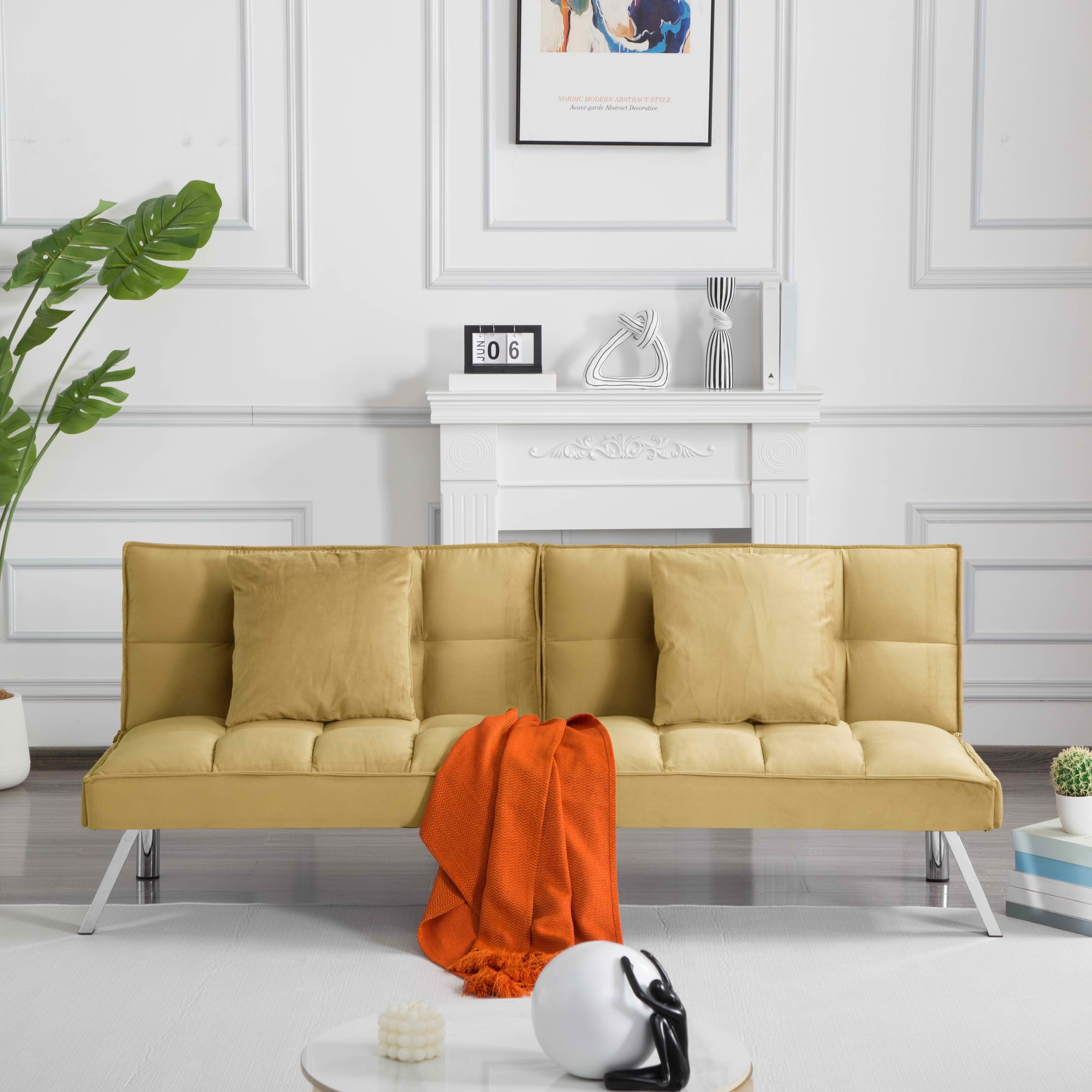 MAYEERTY 67.7" Futon Sofa Bed - 5-Position Adjustable Backrest, Velvet Upholstery, Tufted Design, 2 Pillows