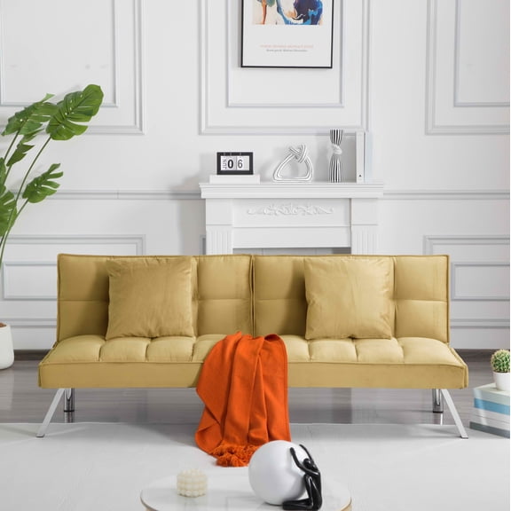 MAYEERTY 67.7" Futon Sofa Bed - 5-Position Adjustable Backrest, Velvet Upholstery, Tufted Design, 2 Pillows