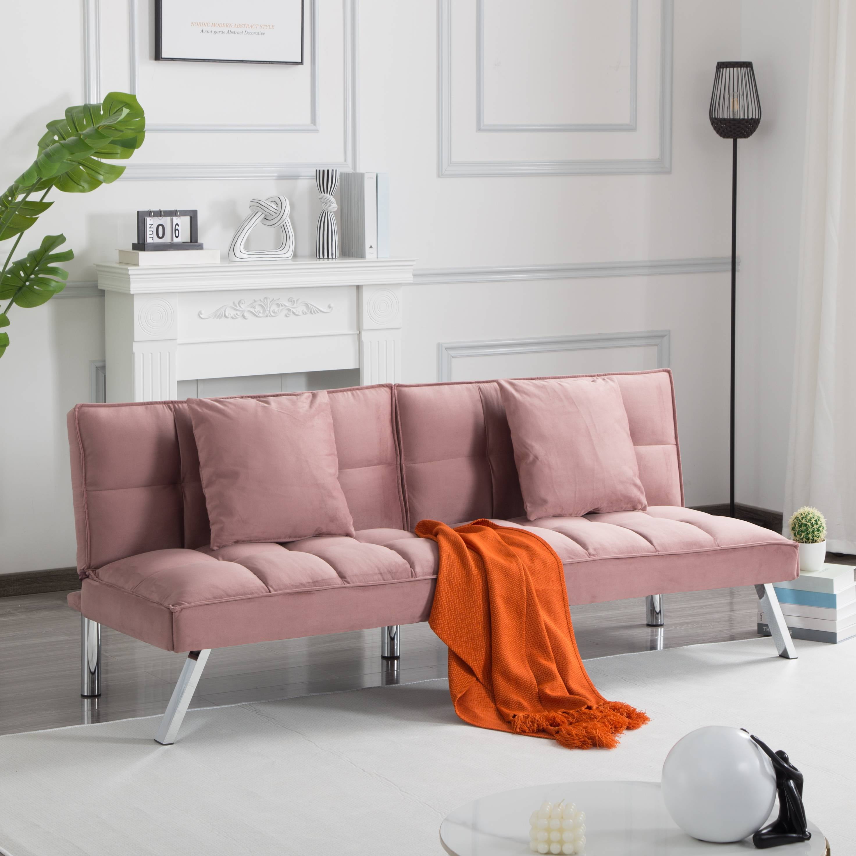 MAYEERTY 67.7" Futon Sofa Bed - 5-Position Adjustable Backrest, Velvet Upholstery, Tufted Design, 2 Pillows