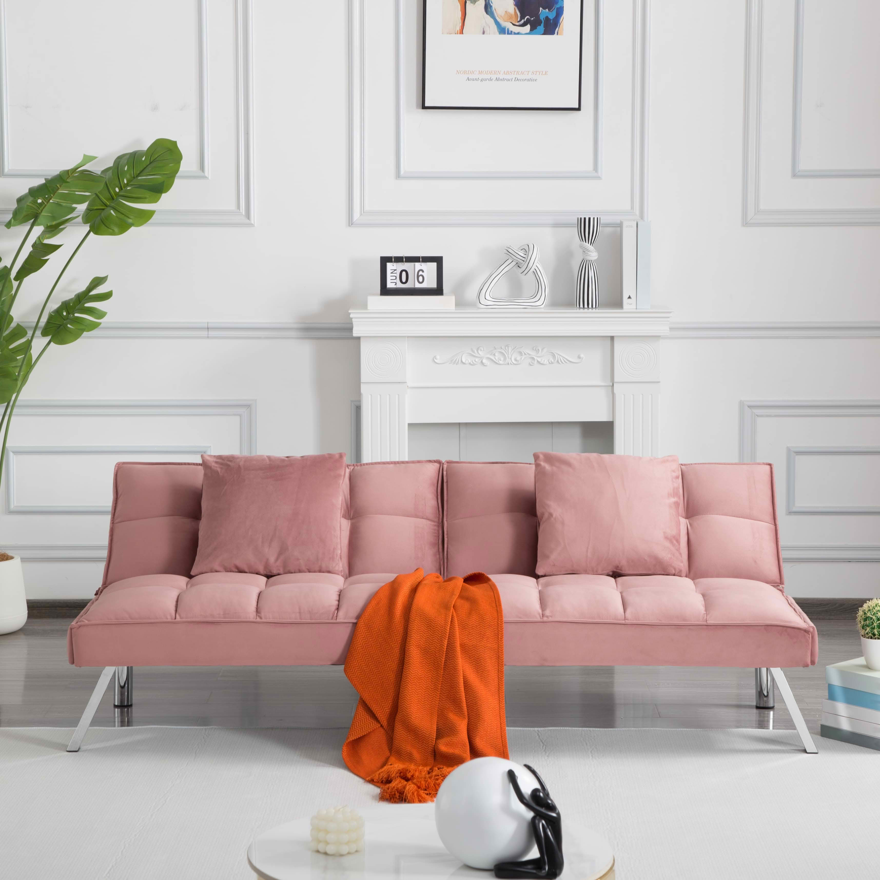 MAYEERTY 67.7" Futon Sofa Bed - 5-Position Adjustable Backrest, Velvet Upholstery, Tufted Design, 2 Pillows