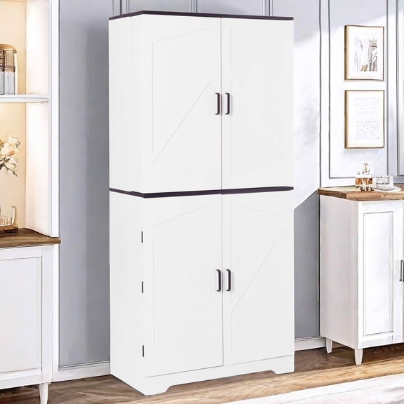 MAYEERTY 67.7-Inch Modern Farmhouse Kitchen Pantry, 4-Door Magnetic Lock Cabinet with Adjustable Shelves Drawer Door Racks