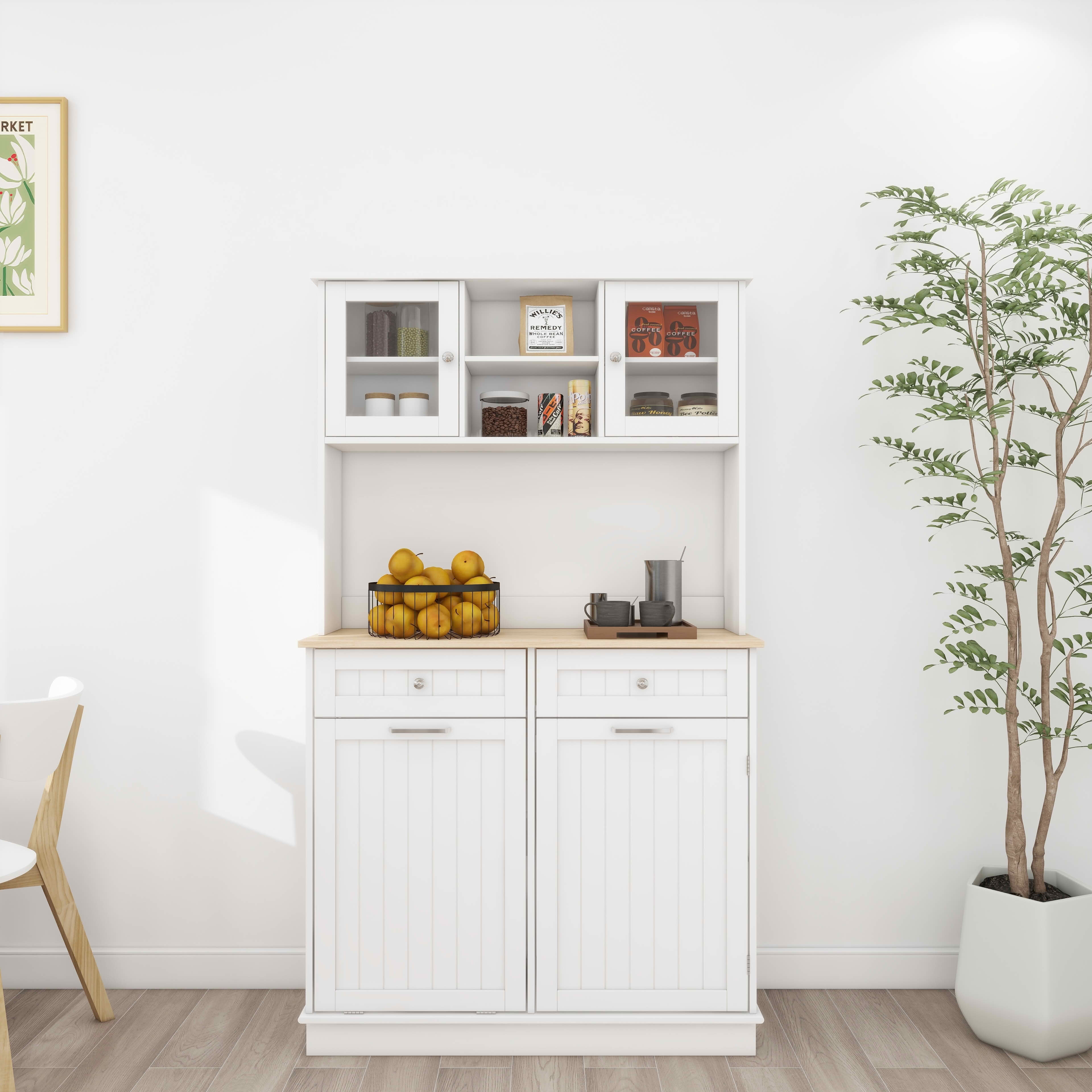 MAYEERTY 67.7-Inch Tall Kitchen Trash Can Storage Cabinet, 3 Adjustable Shelves 2 Drawers 1 Tilt-Out Trash Bin White