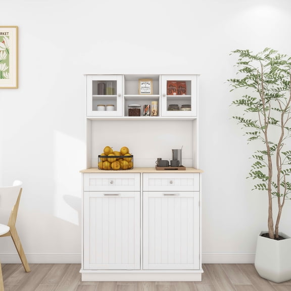 MAYEERTY 67.7-Inch Tall Kitchen Trash Can Storage Cabinet, 3 Adjustable Shelves 2 Drawers 1 Tilt-Out Trash Bin White
