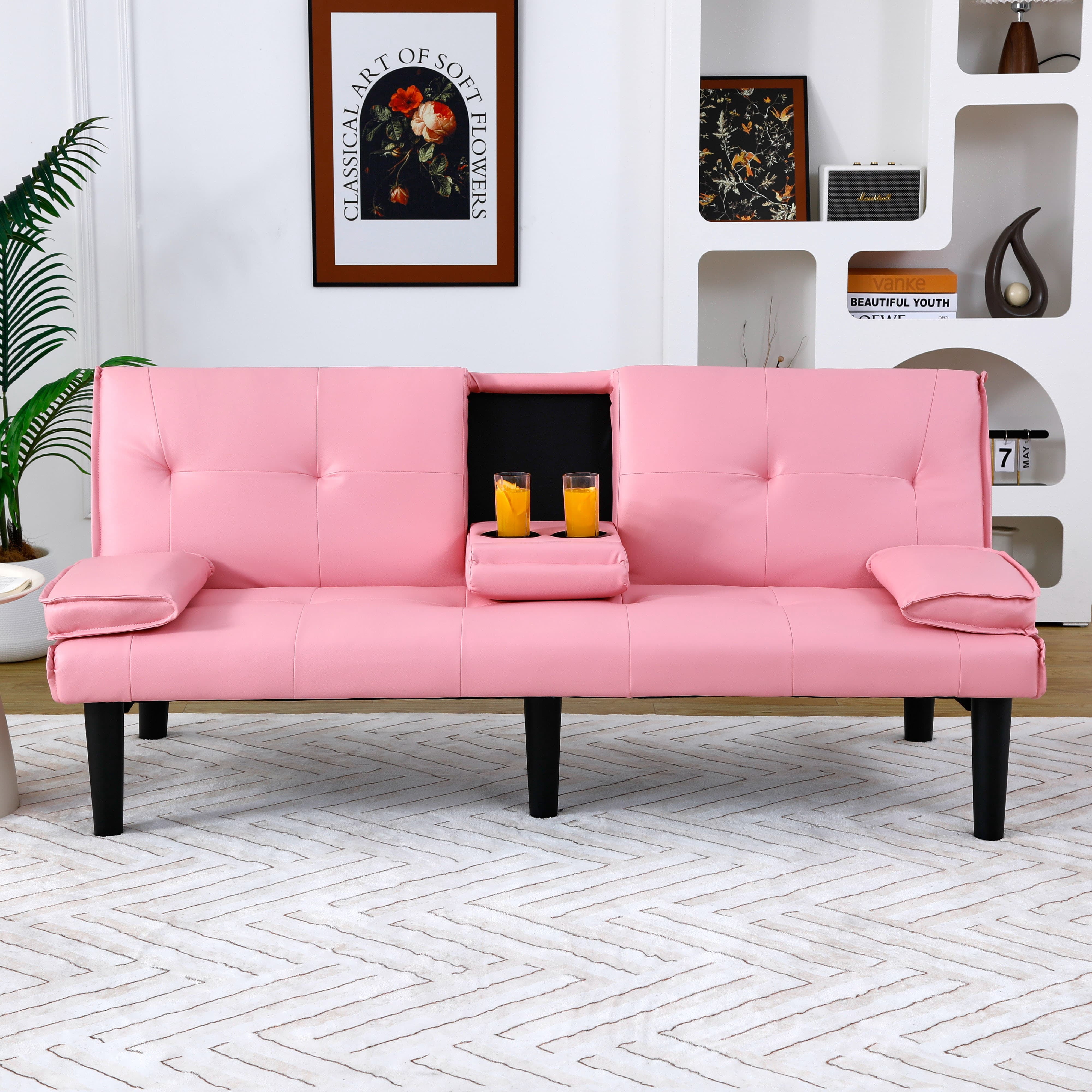 MAYEERTY 67" Convertible Sofa Bed PVC Loveseat Sofa with Cup Holder for Apartment, Living Room, Small Space, Pink