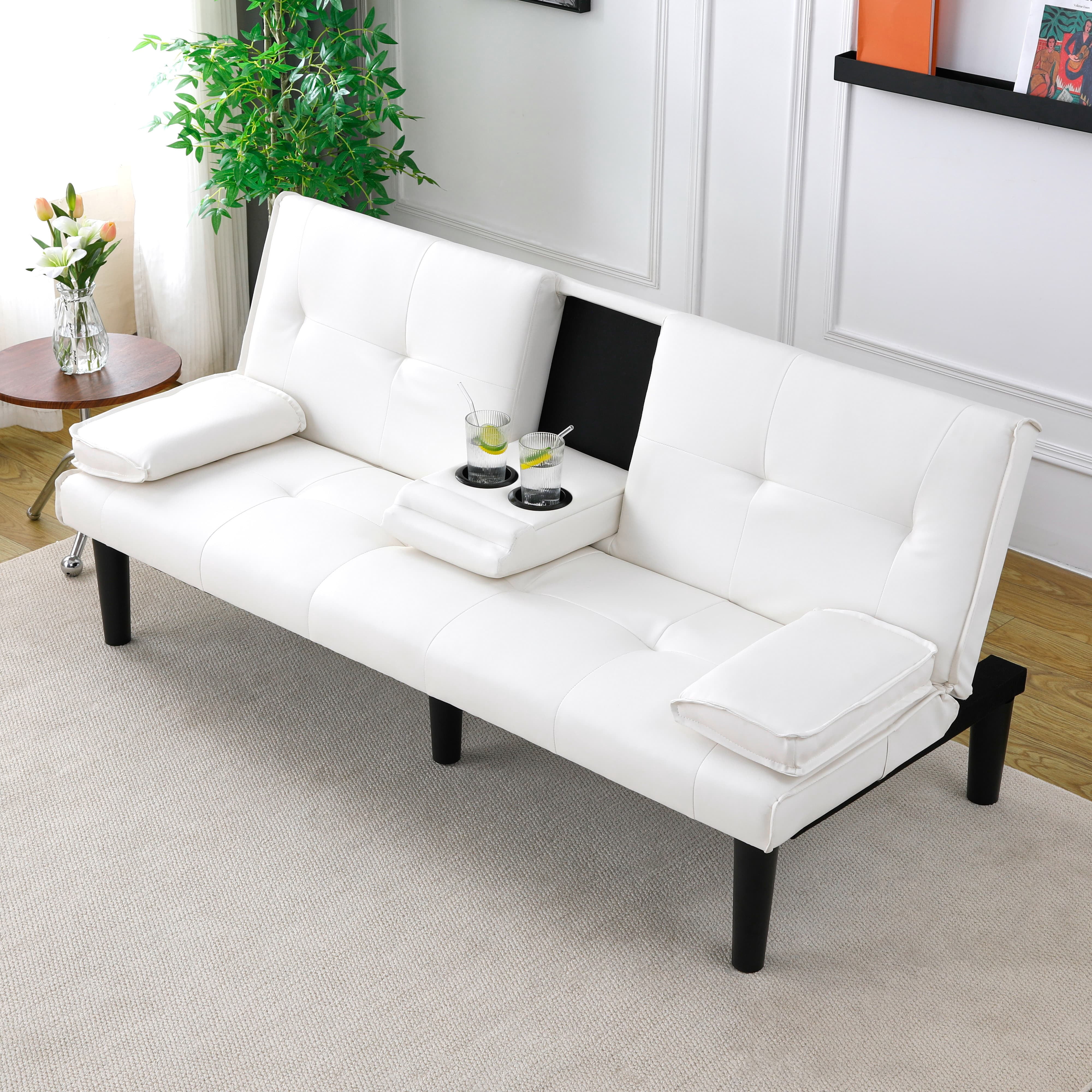 MAYEERTY 67" Convertible Sofa Bed PVC Loveseat Sofa with Cup Holder for Apartment, Living Room, Small Space, White