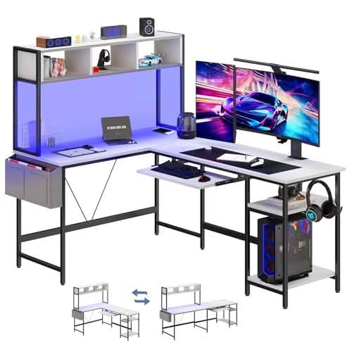 MAYEERTY 67 Inch L Shaped Gaming Desk Corner Table with Led Lights Keyboard Tray Metal Frame