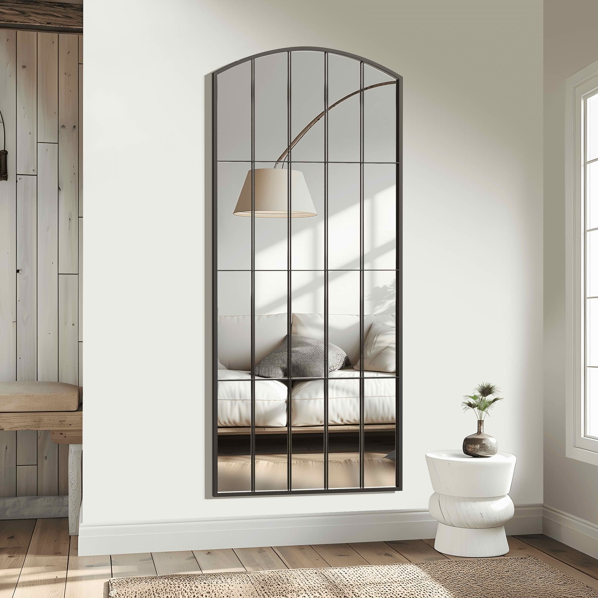 MAYEERTY 67x28x1 Inch Black Metal Grid Right Angle Slightly Arched Full Length Mirror, No Stand for Bedroom