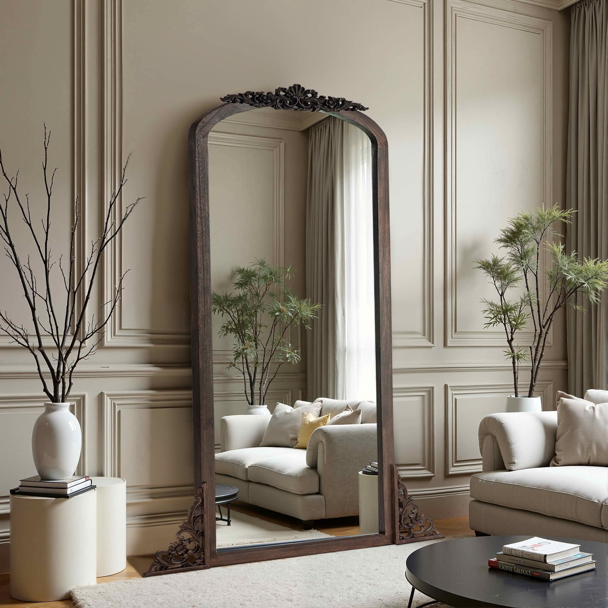 MAYEERTY 67x28x1 Inch Charcoal Carved Wood Right Angle Slightly Arched Full Length Mirror, No Stand for Bedroom