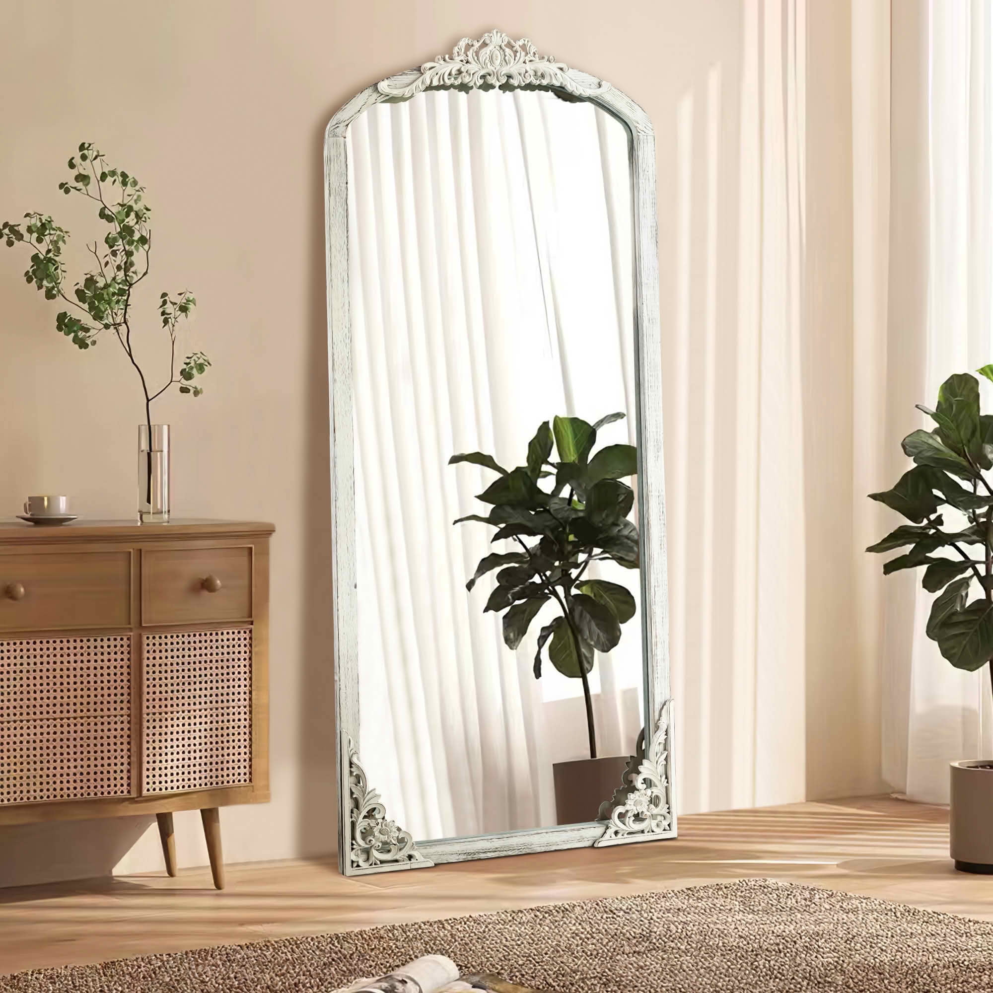 MAYEERTY 67x28x1 Inch White Washed Carved Wood Right Angle Slightly Arched Full Length Mirror, No Stand for Bedroom