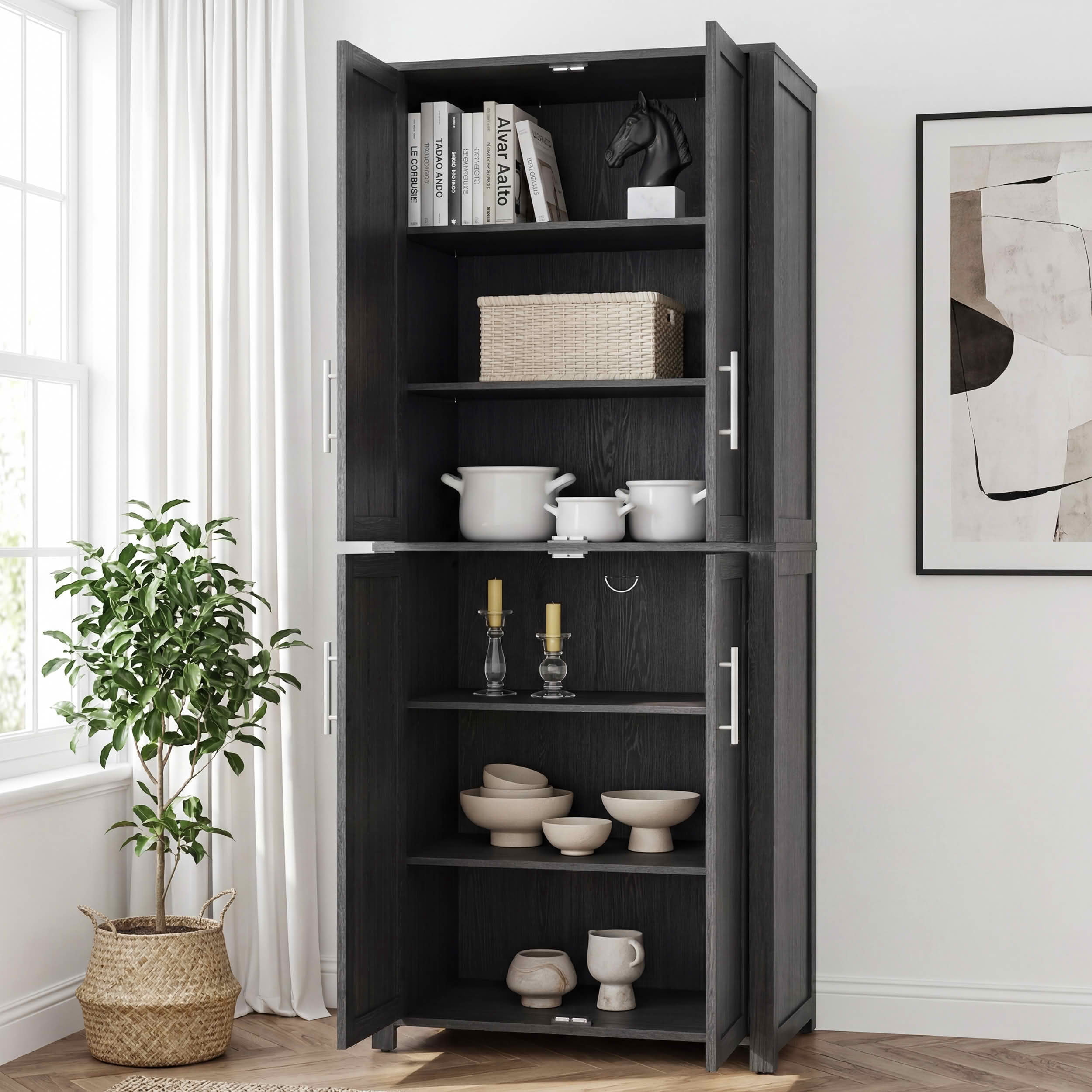 MAYEERTY 67x28x15 Inch Black Wood Grain 4-Door Storage Cabinet with Solid Wood Door