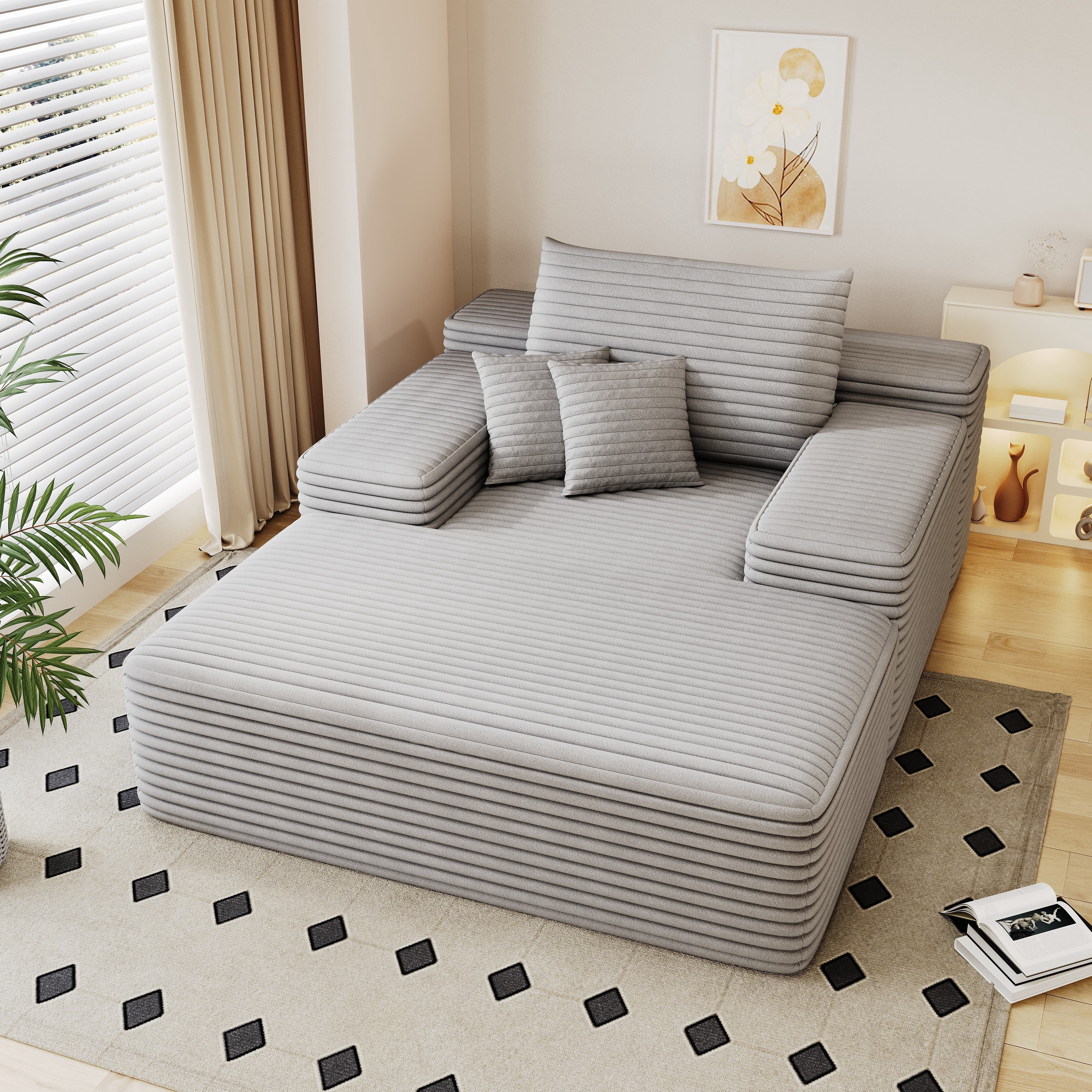 MAYEERTY 68"×51" Chaise Lounge Chair Gray Fluffy Plush Faux Fur Oversized Upholstered Sofa Bed Sleeper Couch Reading Chair for Living Room