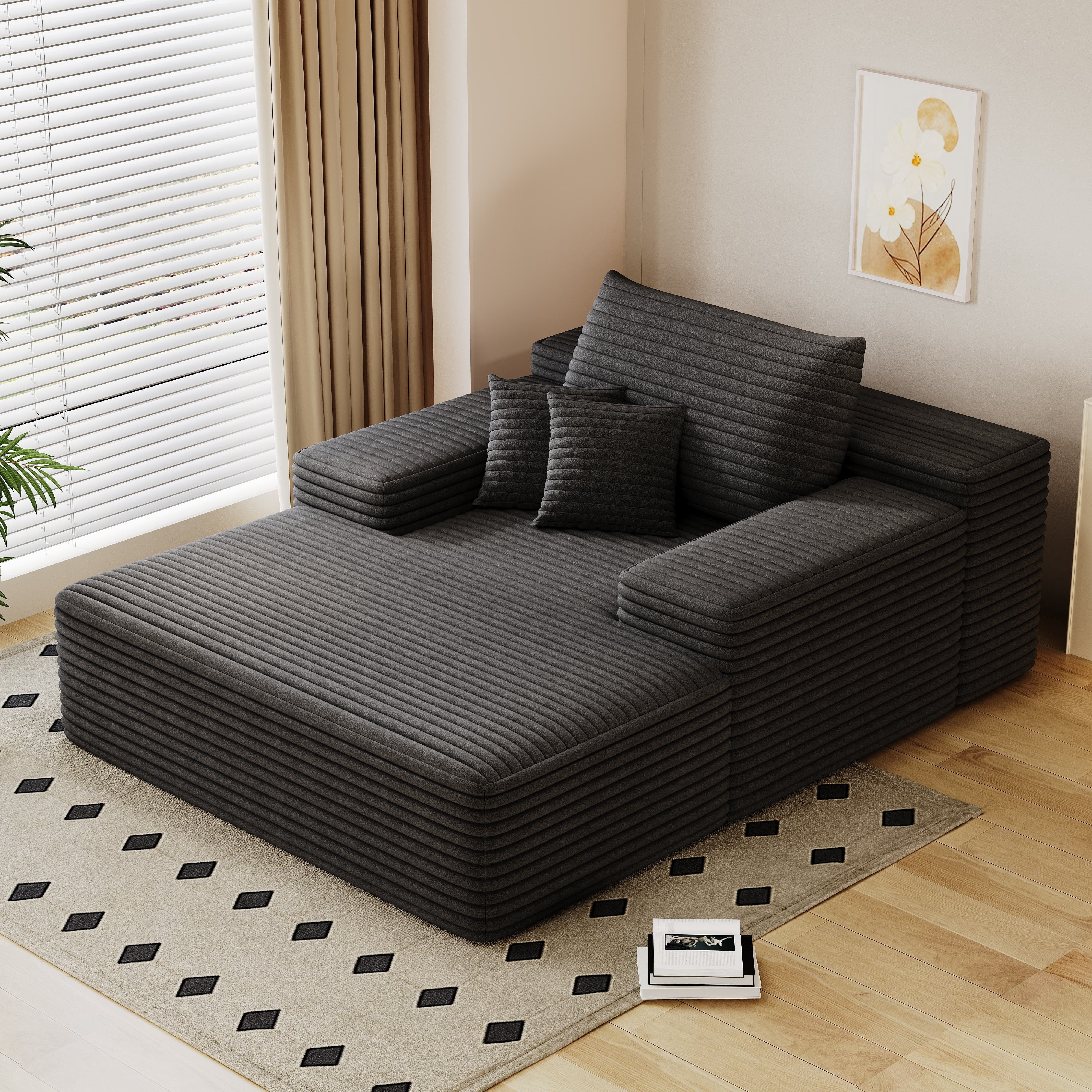 MAYEERTY 68"×51" Chaise Lounge Dark Gray Plush Faux Fur Oversized Sofa Bed Living Room