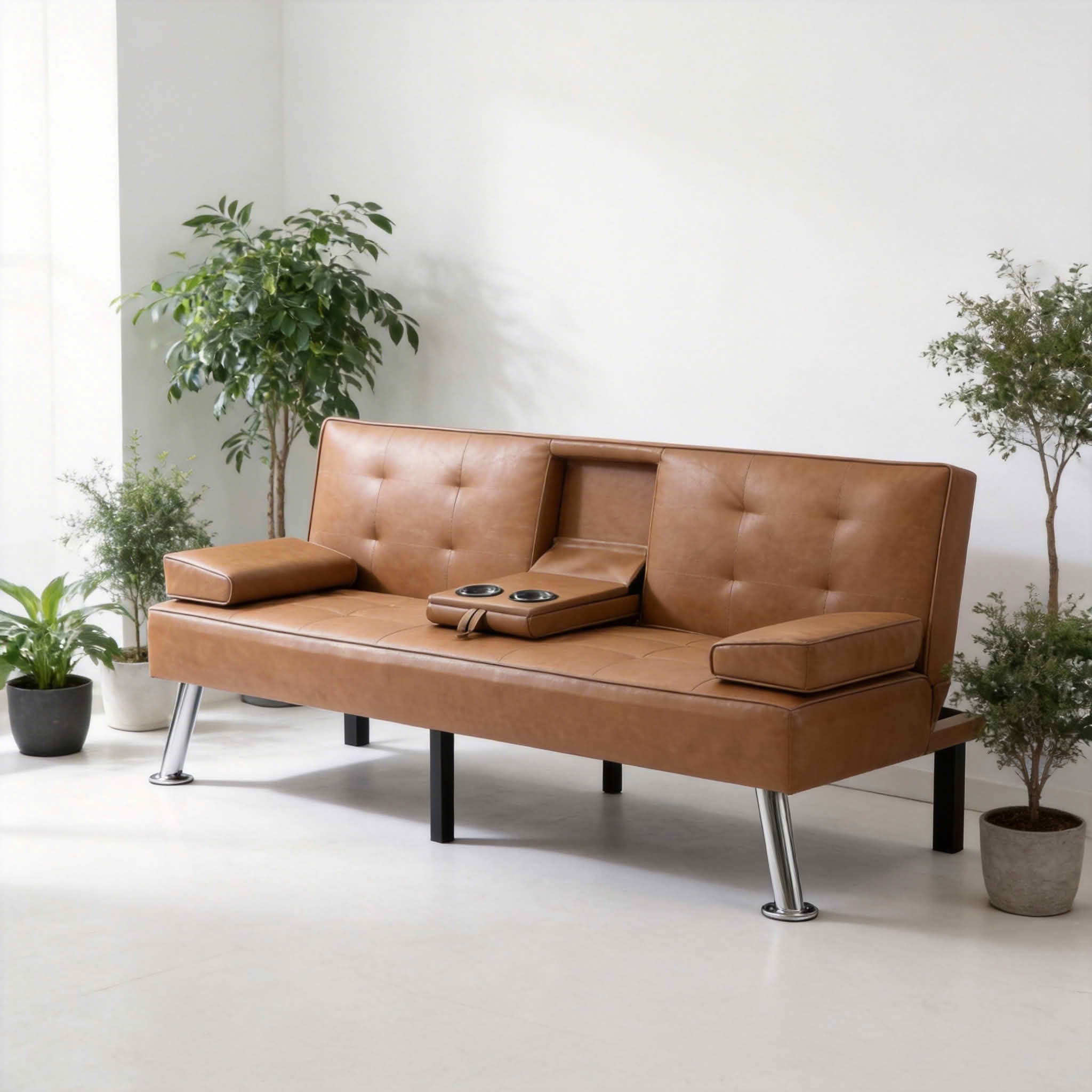 MAYEERTY 69.49" Convertible Futon Sofa Bed, Twin Sleeper with Drop Down Back & 2 Cup Holders, 5-Position Adjustable Backrest, Side Pocket & Removable Lumbar Pillows