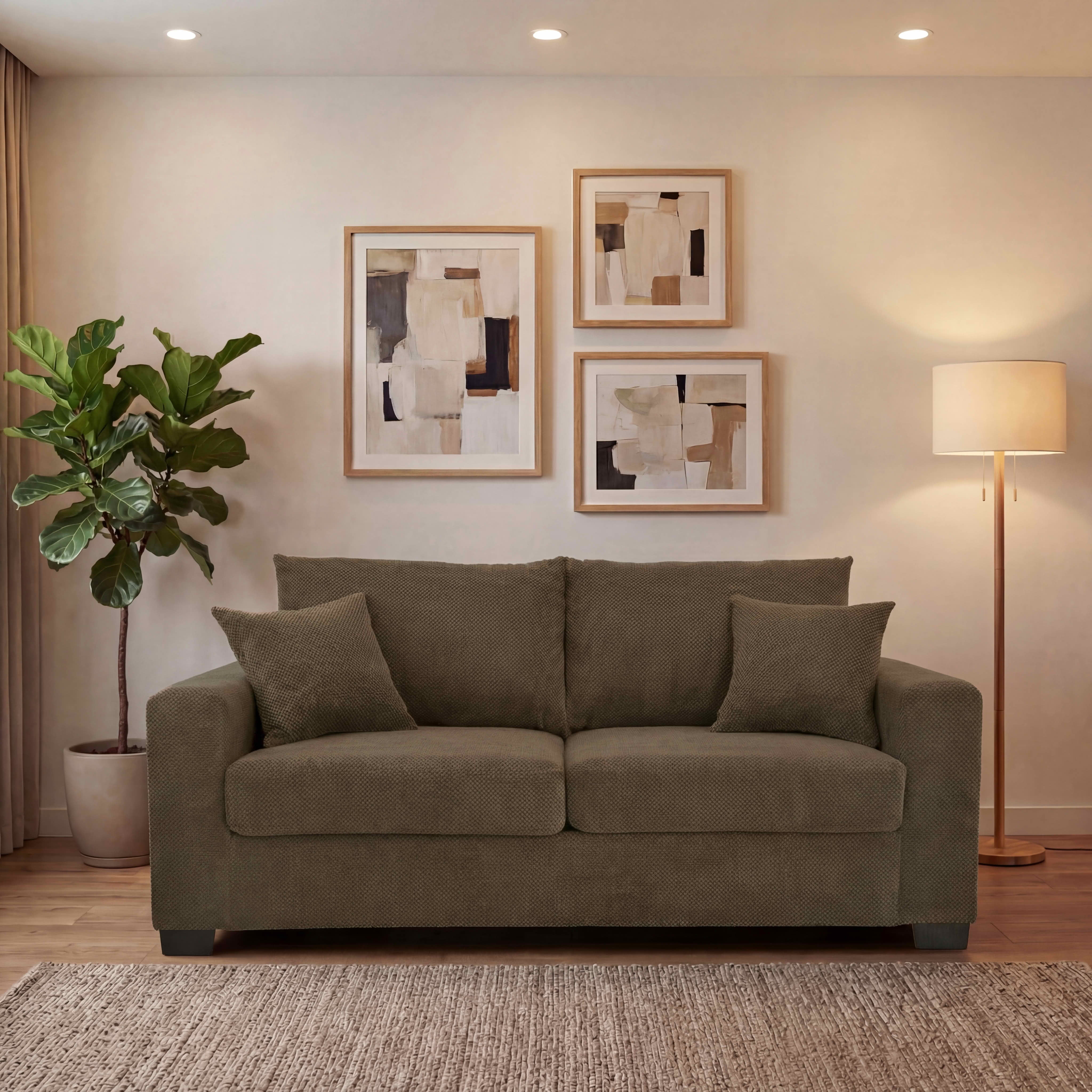 MAYEERTY 69 Inch 2‑Seater Upholstered Sofa, Textured Fabric Couch with 2 Throw Pillows and Plastic Legs for Apartment, Living Room, Home Office