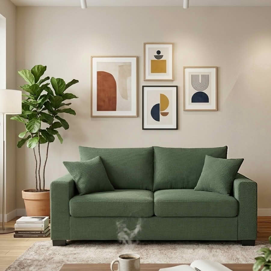 MAYEERTY 69 Inch 2‑Seater Upholstered Sofa, Textured Fabric Couch with 2 Throw Pillows and Plastic Legs for Apartment, Living Room, Home Office