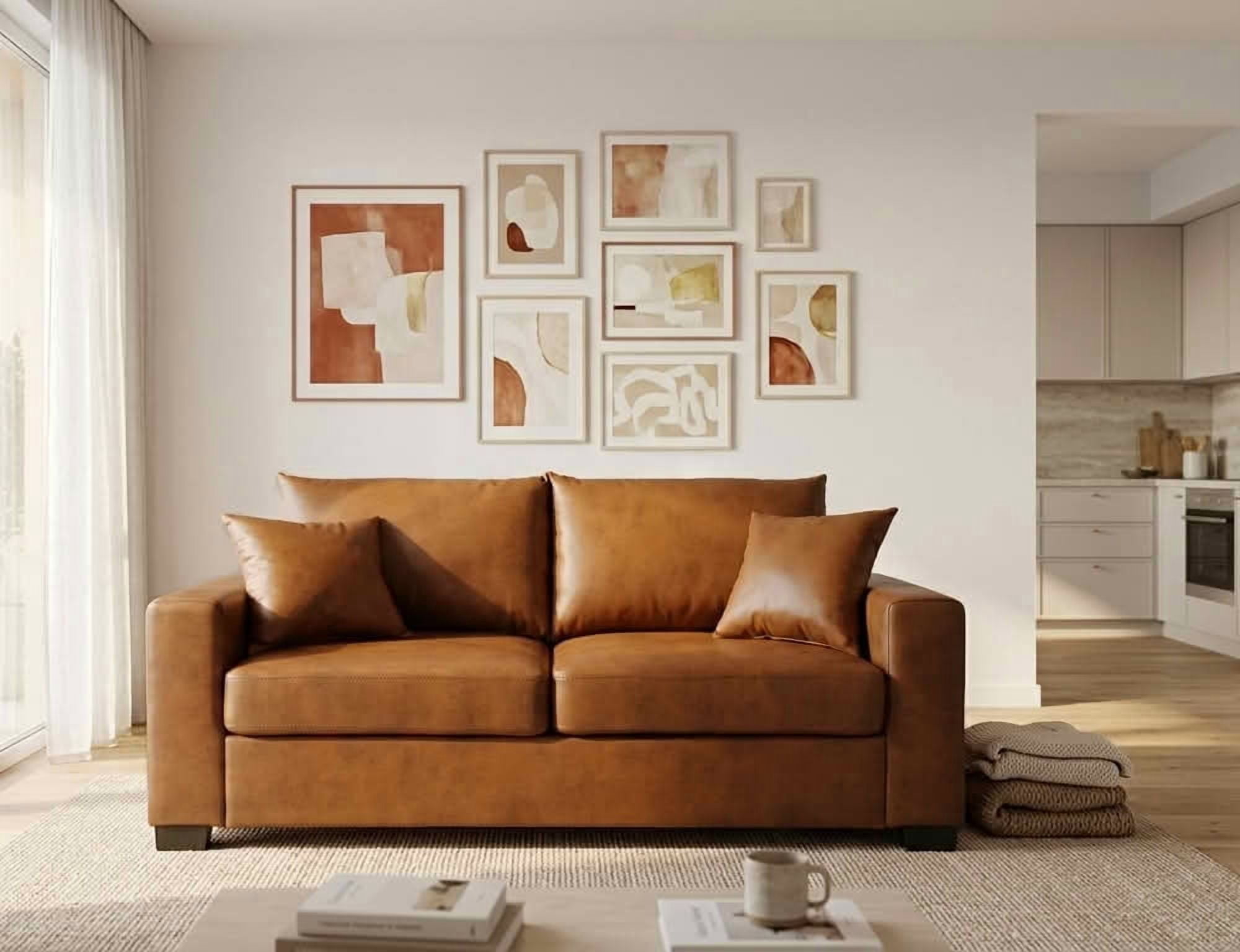 MAYEERTY 69 Inch 2‑Seater Upholstered Sofa, Textured Fabric Couch with 2 Throw Pillows and Plastic Legs for Apartment, Living Room, Home Office