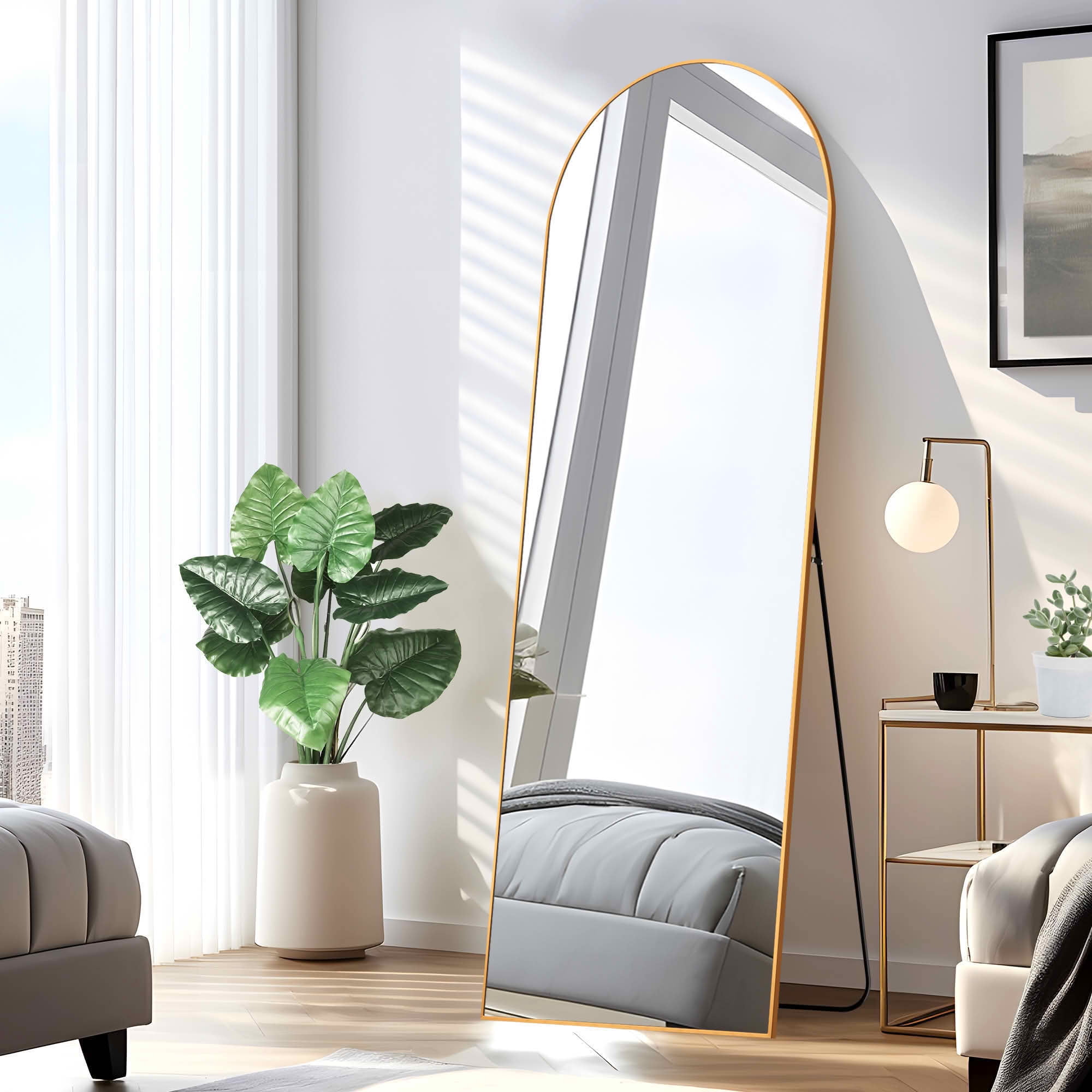 MAYEERTY 69x24x1 Inch Gold Thin Edge Aluminum Right Angle Arched Full Length Mirror with Stand for Bedroom