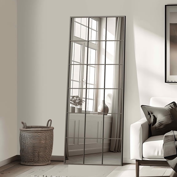 MAYEERTY 69x30x1 Inch Black Metal Grid Right Angle Rectangular Full Length Mirror, No Stand for Bedroom