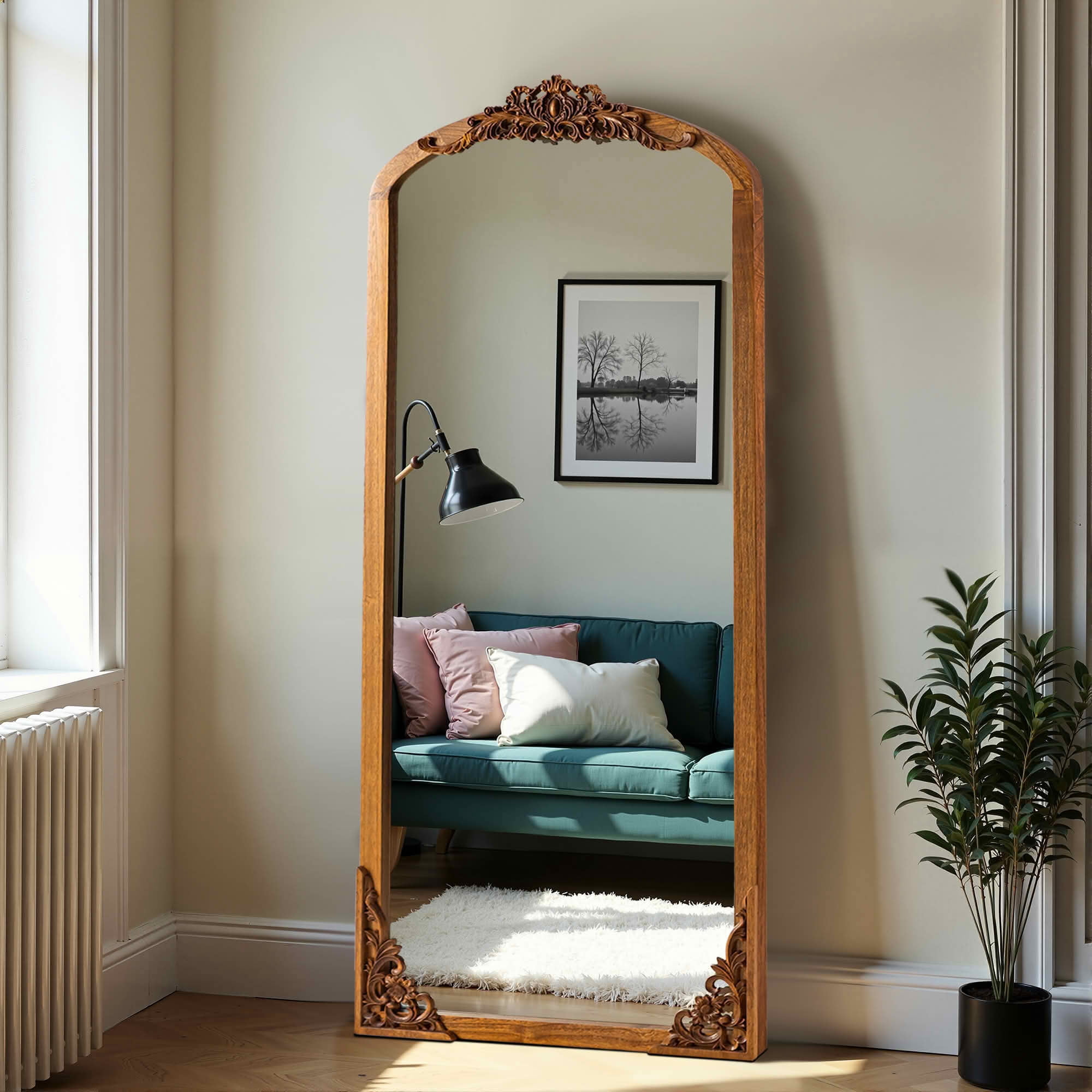 MAYEERTY 69x30x1 Inch Gold Carved Wood Right Angle Slightly Arched Full Length Mirror, No Stand for Bedroom