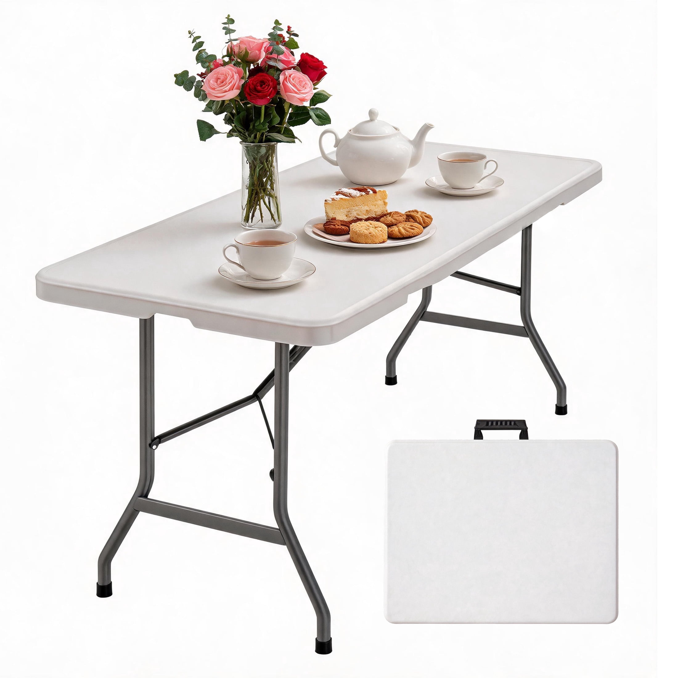 MAYEERTY 6FT Foldable Rectangular Folding Table, Portable Heavy Duty Utility Fold Up Table with Carrying Handle, Indoor Outdoor Waterproof for Dining, Picnic, Party, Camping, Banquet