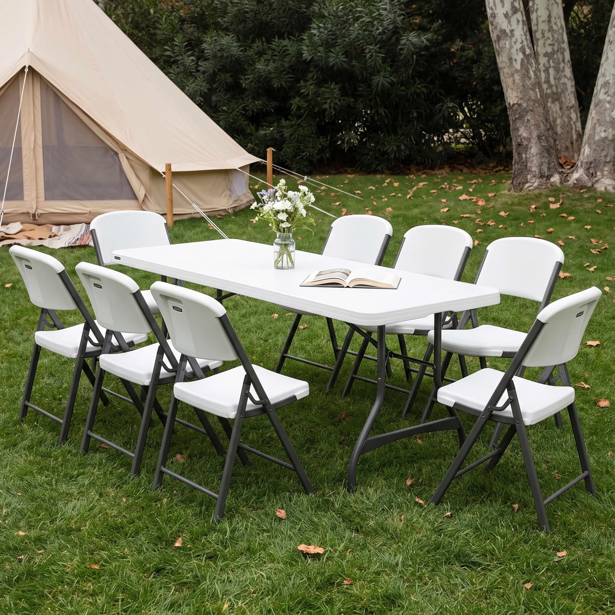 MAYEERTY 6FT White HDPE Fold-in-Half Folding Table, 507LB Capacity Powder Coated Steel Frame UV Water Resistant Portable Table