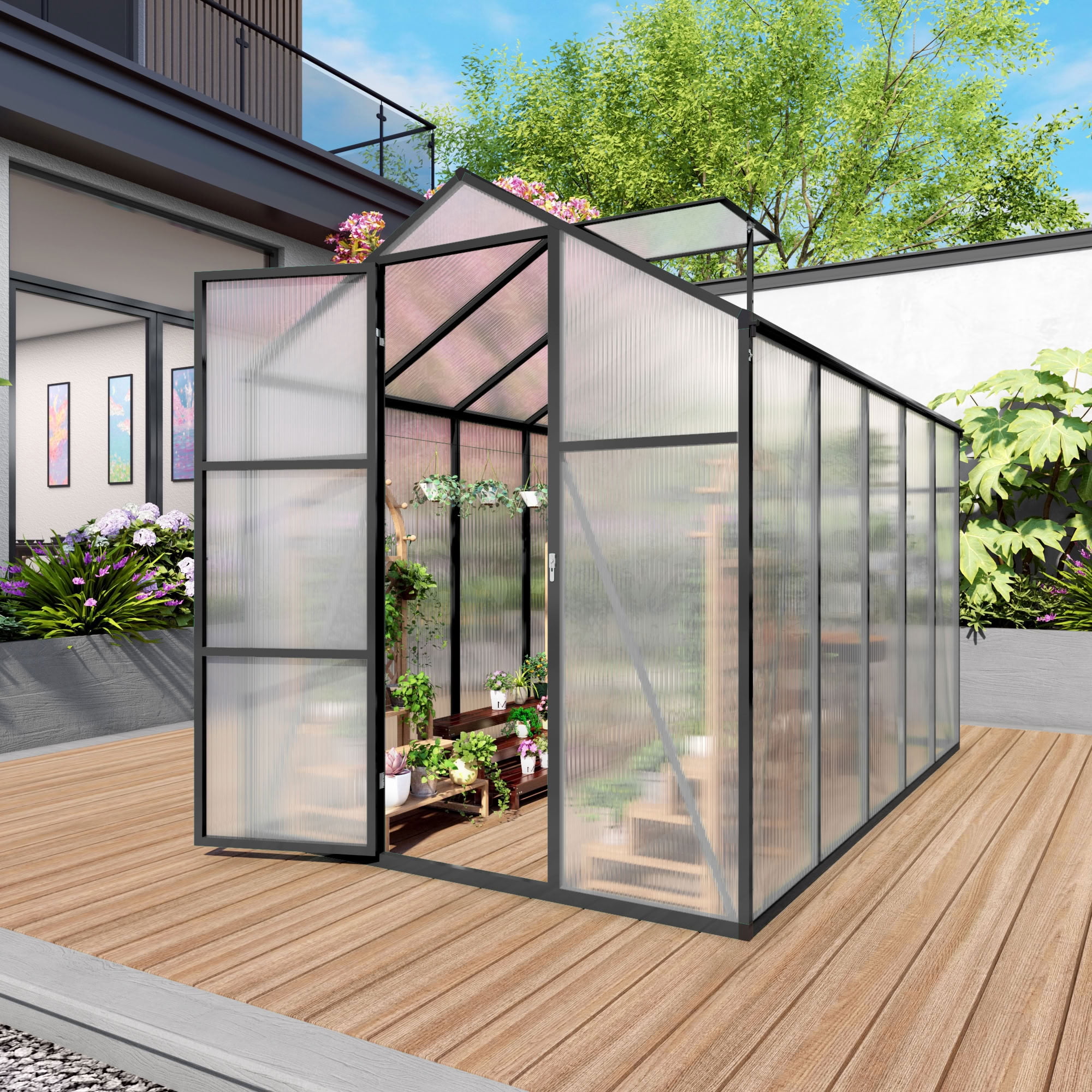 MAYEERTY 6x10 FT Walk-in Greenhouse with Raised Base & Aluminum Frame, All-Season Windproof Greenhouse for Backyard, Garden & Patio