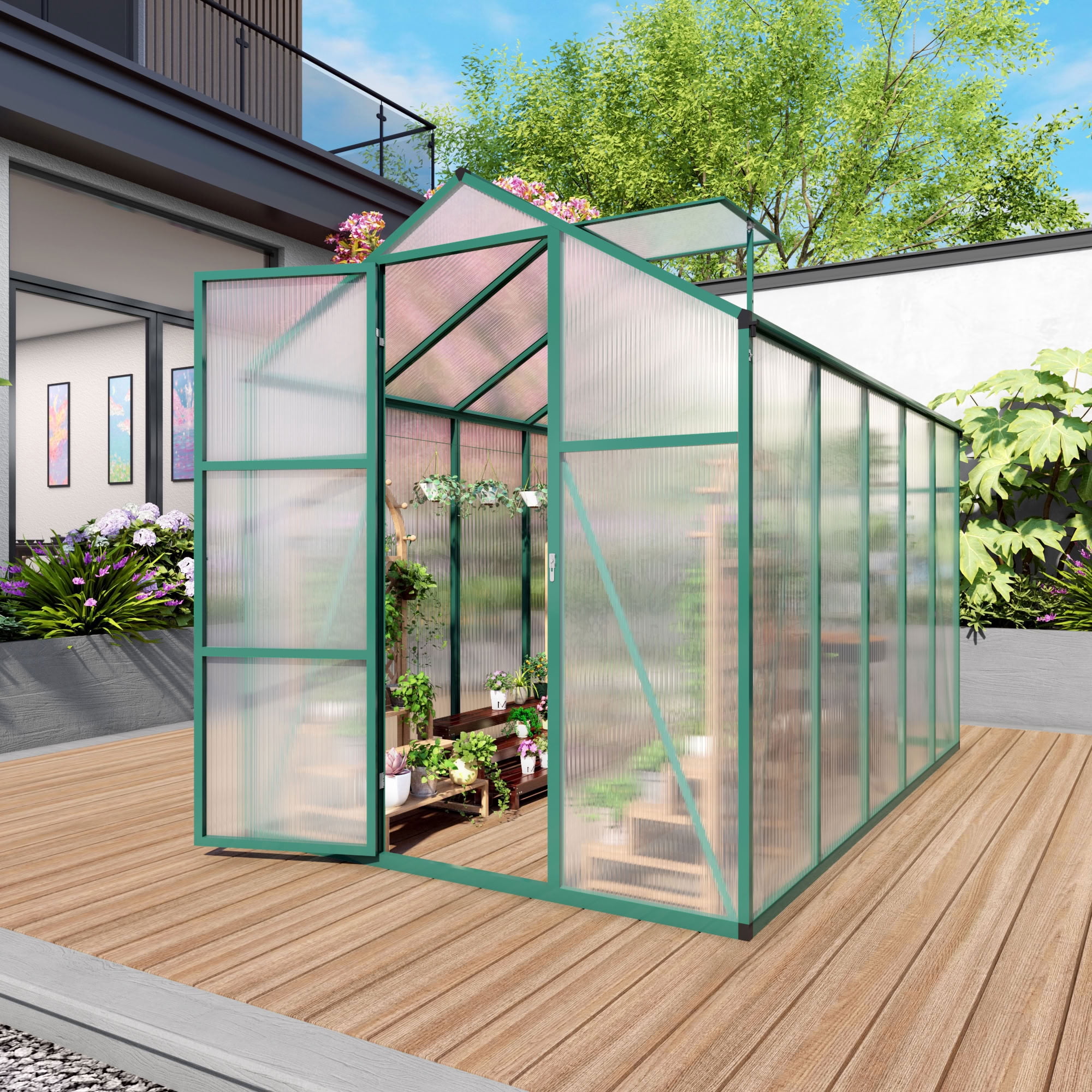 MAYEERTY 6x10 FT Walk-in Greenhouse with Raised Base, Aluminum Frame, All-Season Windproof Outdoor Greenhouse