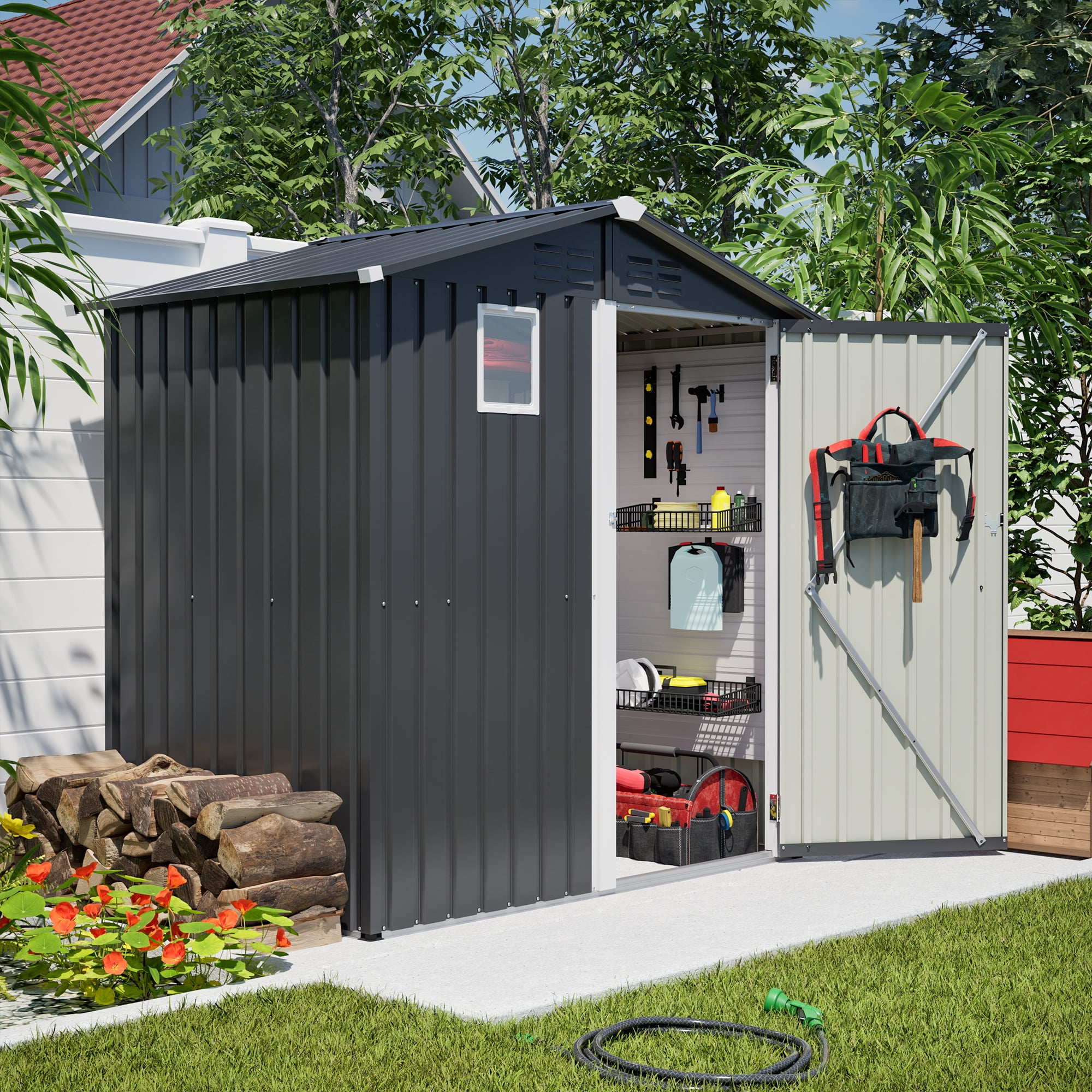 MAYEERTY 6x4FT Outdoor Metal Storage Shed with Lockable Door & Window, Utility Tool Shed for Backyard, Garden & Patio