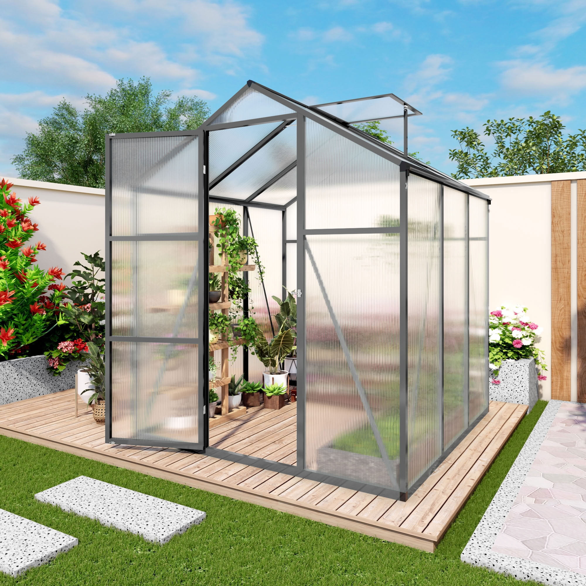 MAYEERTY 6x6 FT Walk-in Greenhouse with Raised Base, Aluminum Frame, All-Season Windproof Outdoor Greenhouse