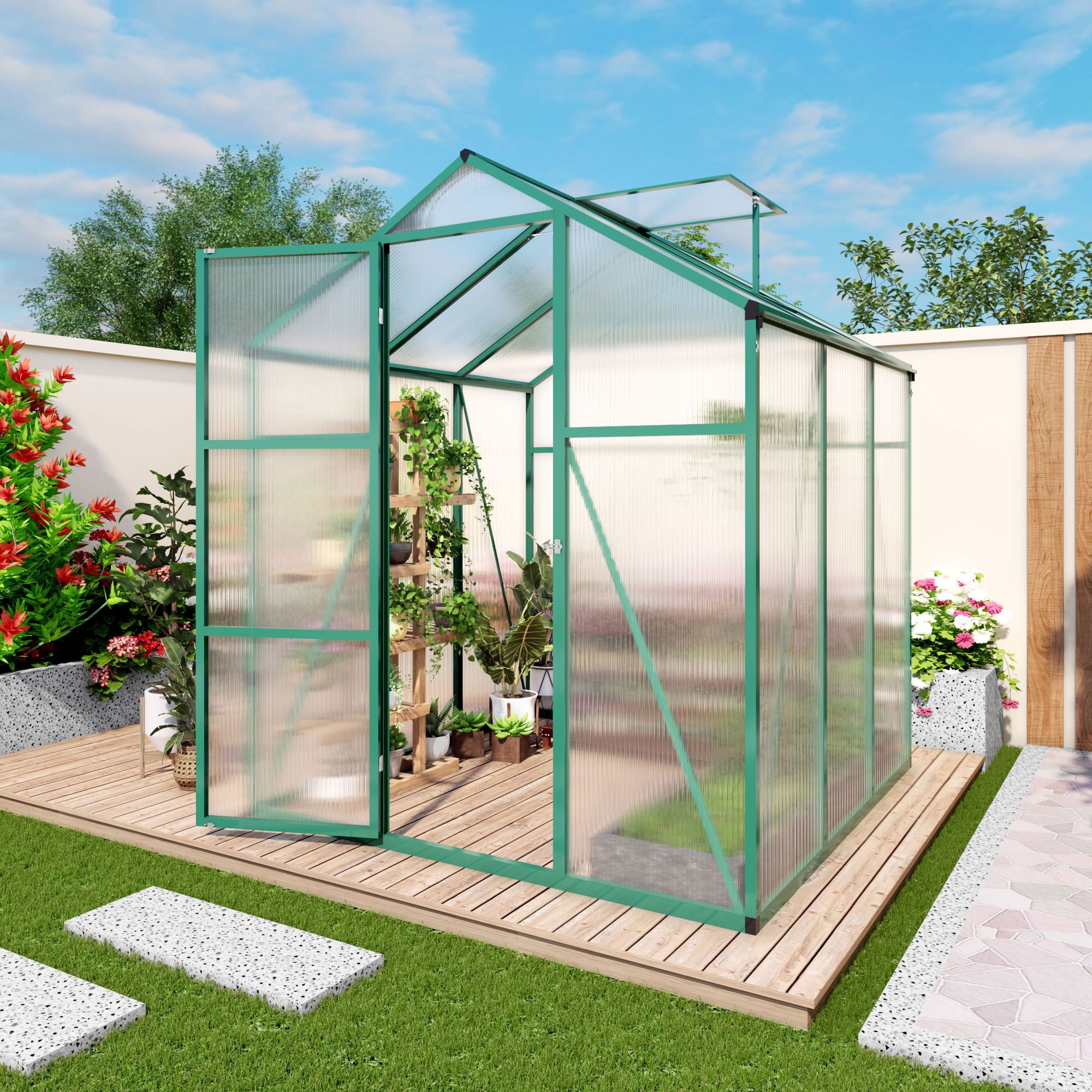 MAYEERTY 6x6 FT Walk-in Greenhouse with Raised Base, Aluminum Frame & Polycarbonate Panels, All-Season Outdoor Greenhouse