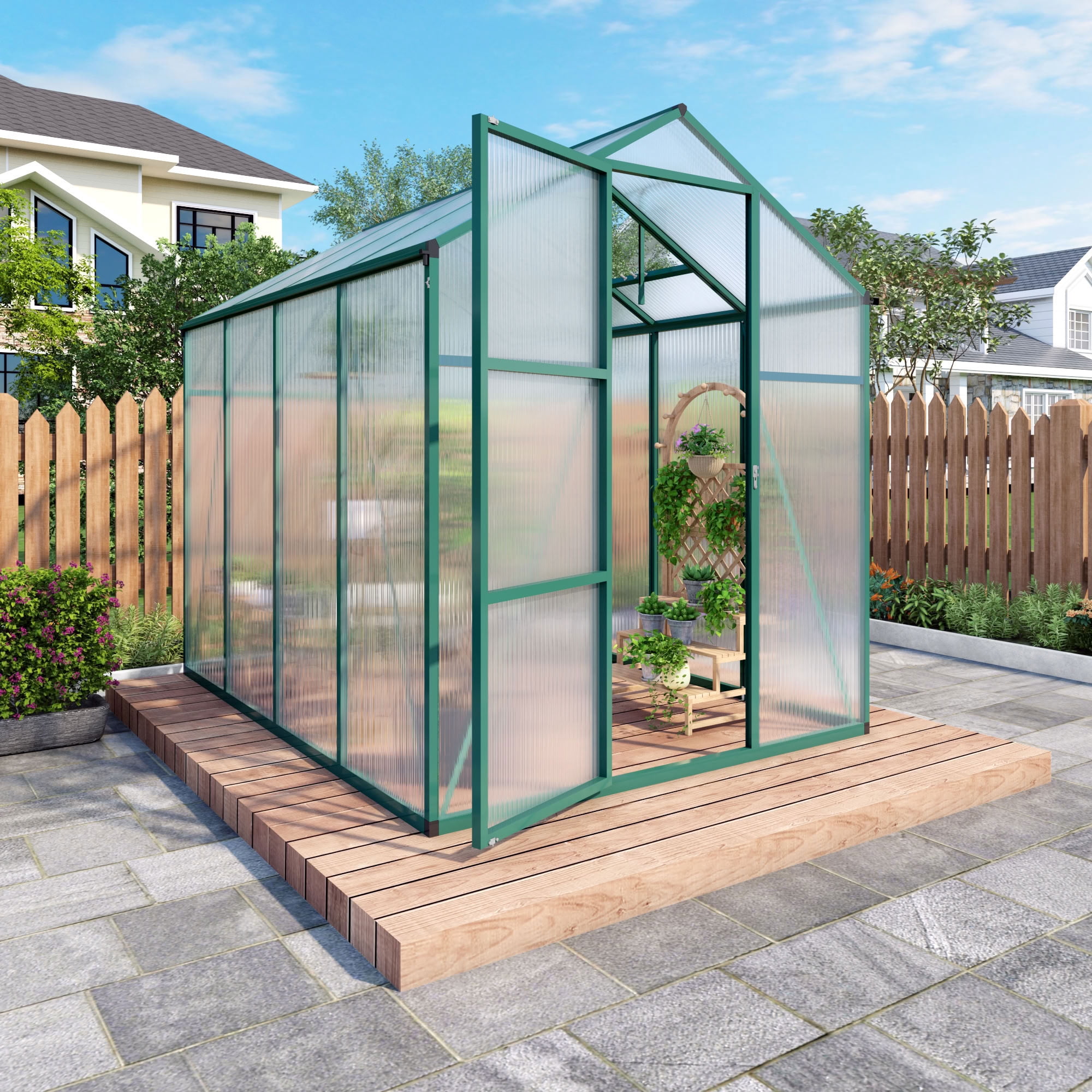 MAYEERTY 6x8 FT Walk-in Greenhouse with Raised Base, Aluminum Frame & Polycarbonate Panels, All-Season Outdoor Greenhouse