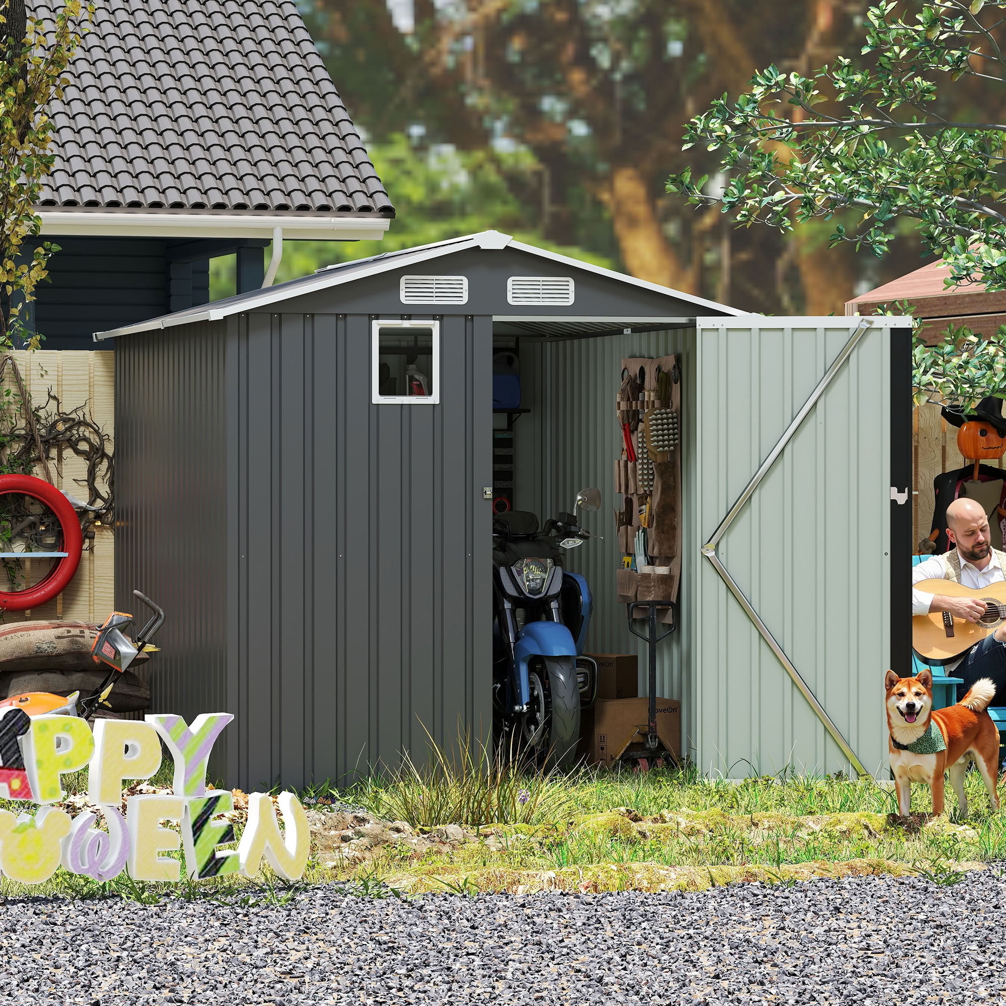 MAYEERTY 6x8FT Outdoor Storage Shed with Lockable Doors & Window, Metal Tool Shed with Vents, for Backyard, Patio, Garden, Bike & BBQ Grill Storage