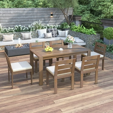 MAYEERTY 7-Piece Acacia Wood Outdoor Dining Set – Patio Table and Chairs with Cushions, Ideal for Balcony, Backyard, or Garden, Natural Finish