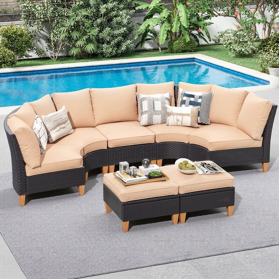 MAYEERTY 7-Piece Outdoor Patio Curved Rattan Sofa Set with Fan-shaped Seats, Middle Chair & Ottomans
