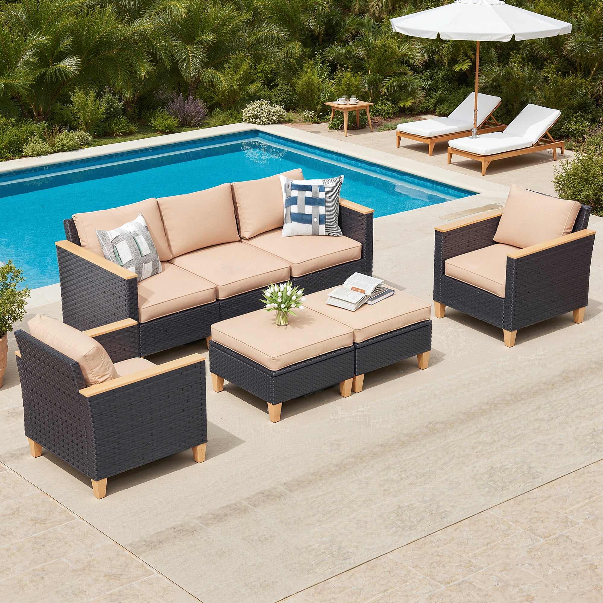 MAYEERTY 7-Piece Outdoor Patio Rattan Sofa Set with Armchairs, Corners, Middle Chair, and Ottomans