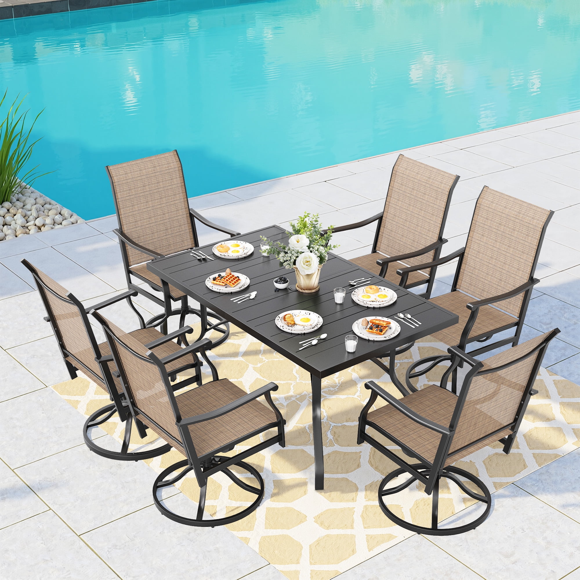 MAYEERTY 7-Piece Patio Dining Set:1 Black Rectangular Table with 1.57" Umbrella Hole & 6 Brown Swivel Textilene Chairs